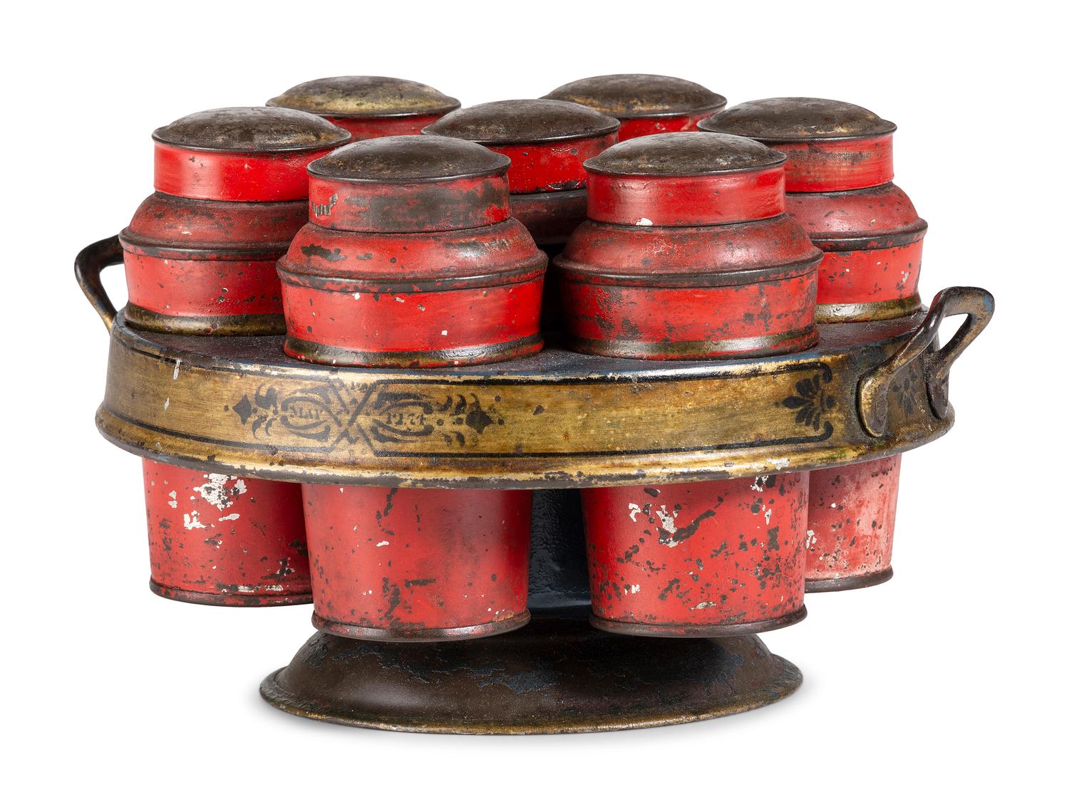 A Federal Tole Paint Decorated Cruet Set with Jars
