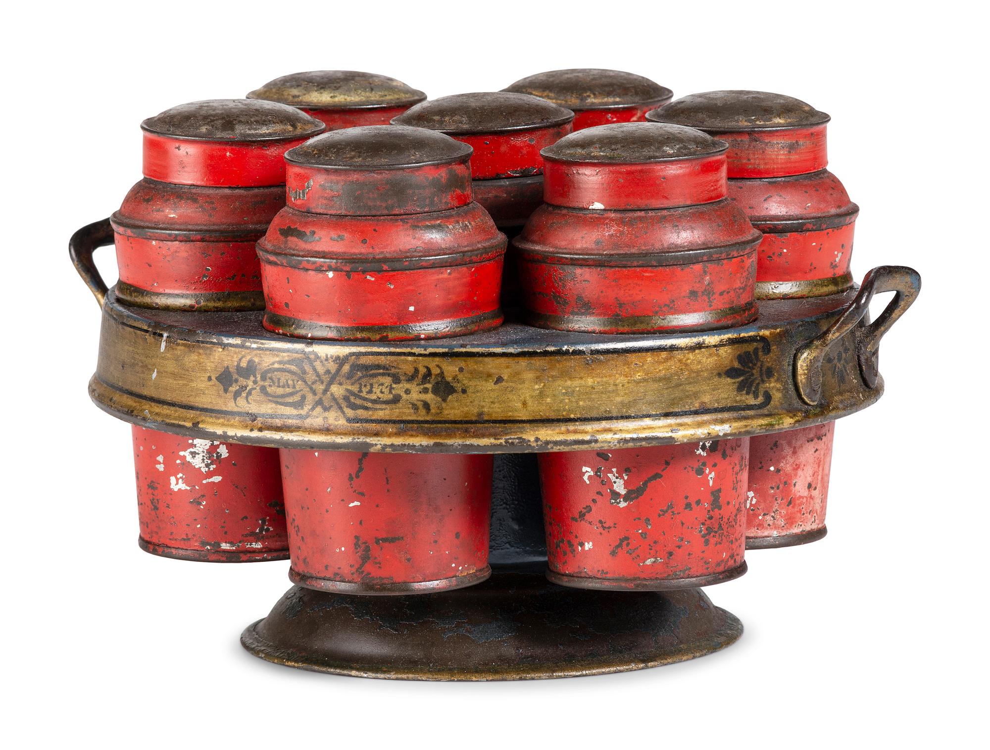 A Federal Tole Paint Decorated Cruet Set with Jars