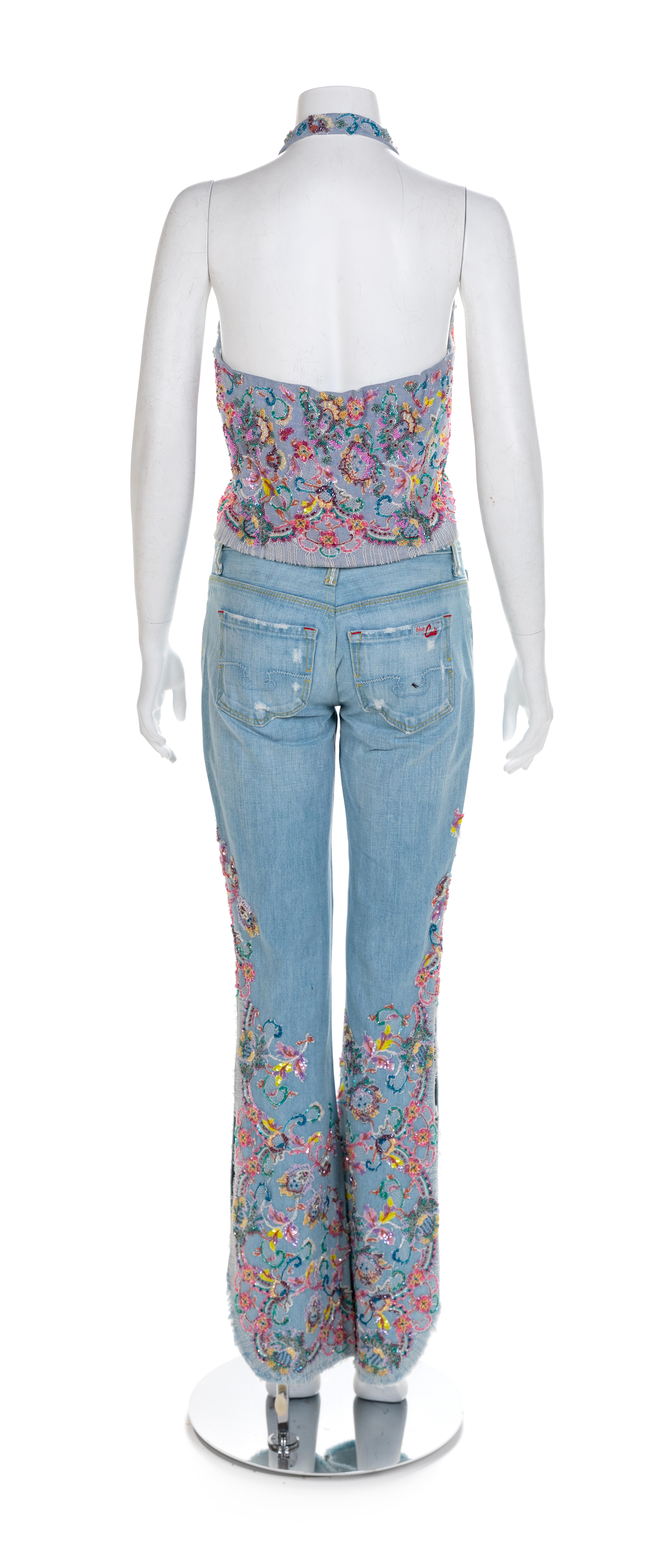J&M Costumers Hollywood Denim Ensemble with Floral Applique, 1980-90s No size label