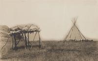 BARRY, David F. (1854-1934), photographer. Photograph of an Indian funeral scaffold with a tipi frame.