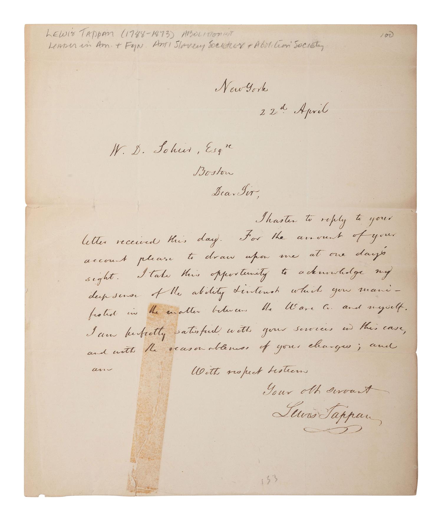 [ENSLAVEMENT & ABOLITION - AMISTAD]. A group of 5 ALsS from attorneys and others involved in the Amistad case, including Lewis TAPPAN, Roger BALDWIN, Henry GILPIN, and Theodore SEDGWICK.