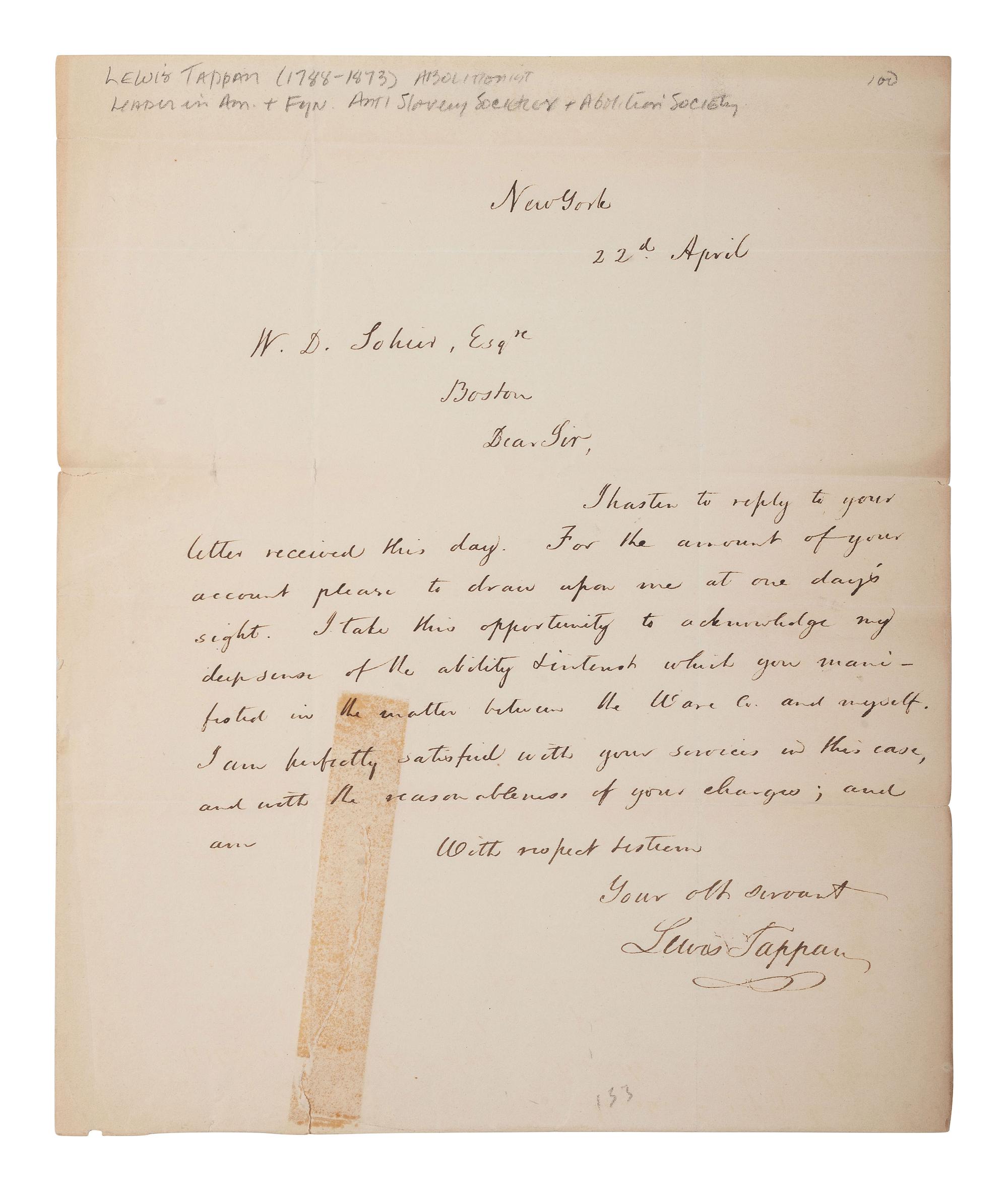 [ENSLAVEMENT & ABOLITION - AMISTAD]. A group of 5 ALsS from attorneys and others involved in the Amistad case, including Lewis TAPPAN, Roger BALDWIN, Henry GILPIN, and Theodore SEDGWICK.