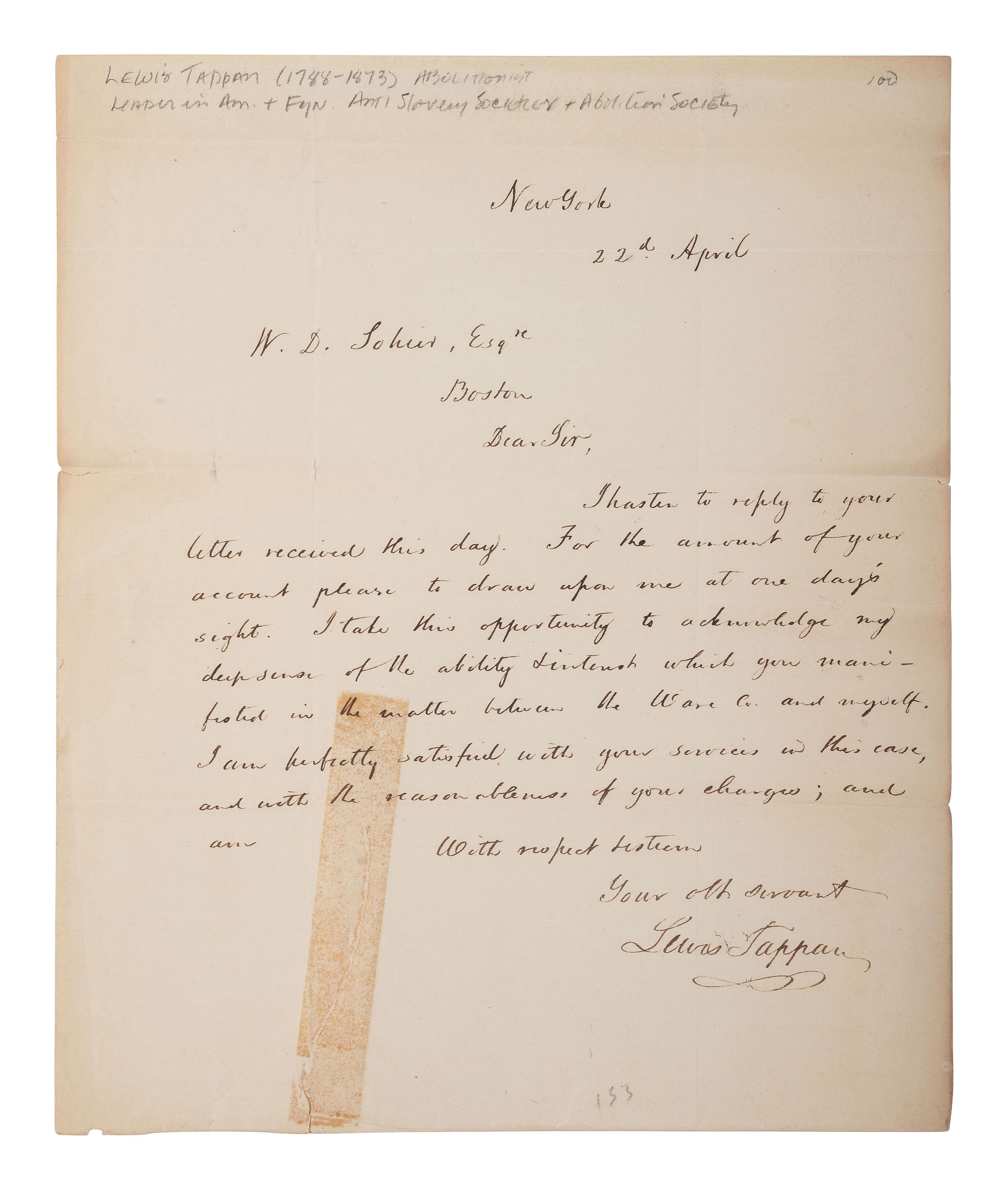 [ENSLAVEMENT & ABOLITION - AMISTAD]. A group of 5 ALsS from attorneys and others involved in the Amistad case, including Lewis TAPPAN, Roger BALDWIN, Henry GILPIN, and Theodore SEDGWICK.