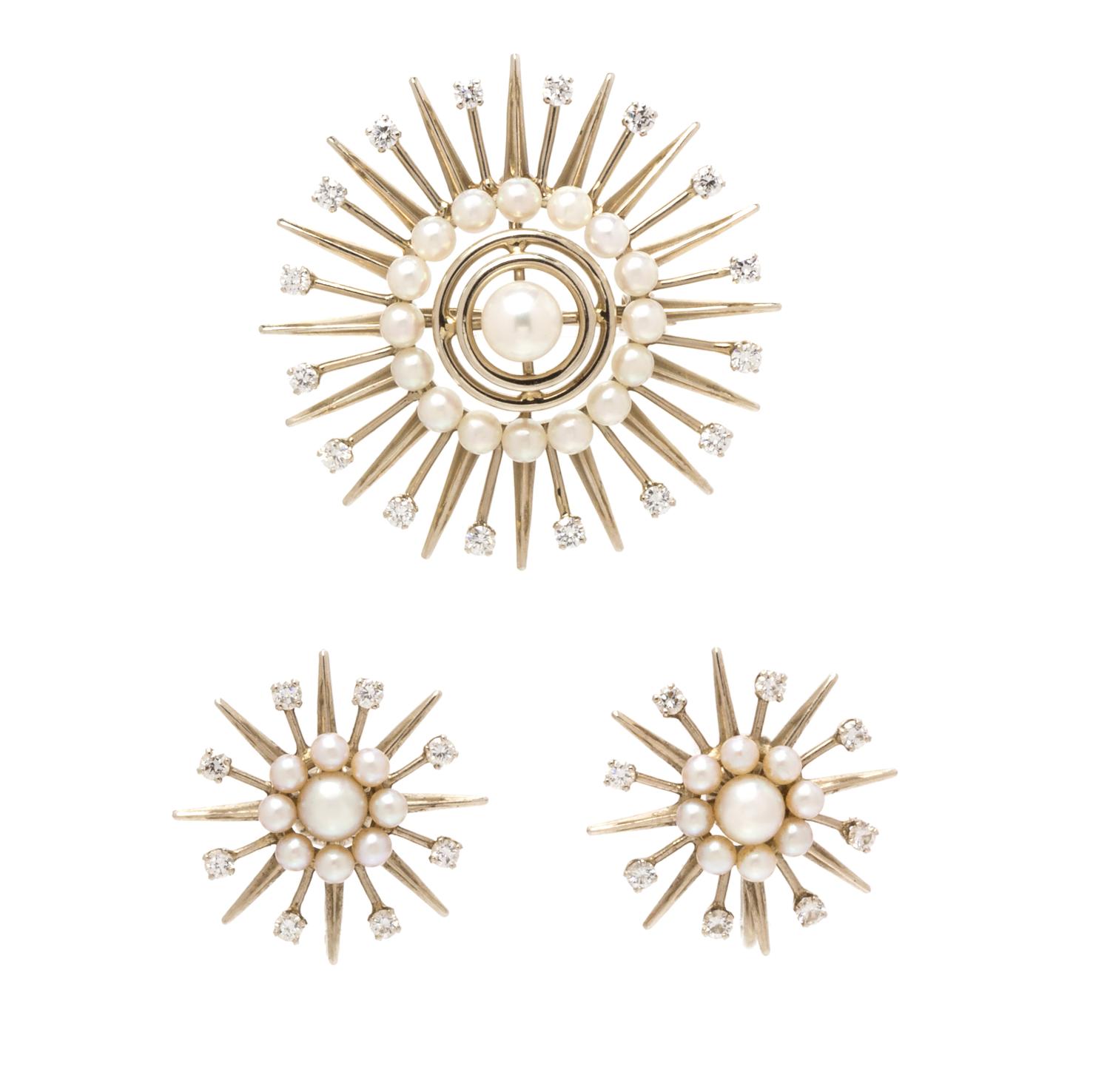 A 14 Karat White Gold, Cultured Pearl, and Diamond Starburst Motif Demi Parure, Fisher & Co., 10.70 dwts.