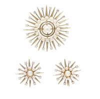 A 14 Karat White Gold, Cultured Pearl, and Diamond Starburst Motif Demi Parure, Fisher & Co., 10.70 dwts.