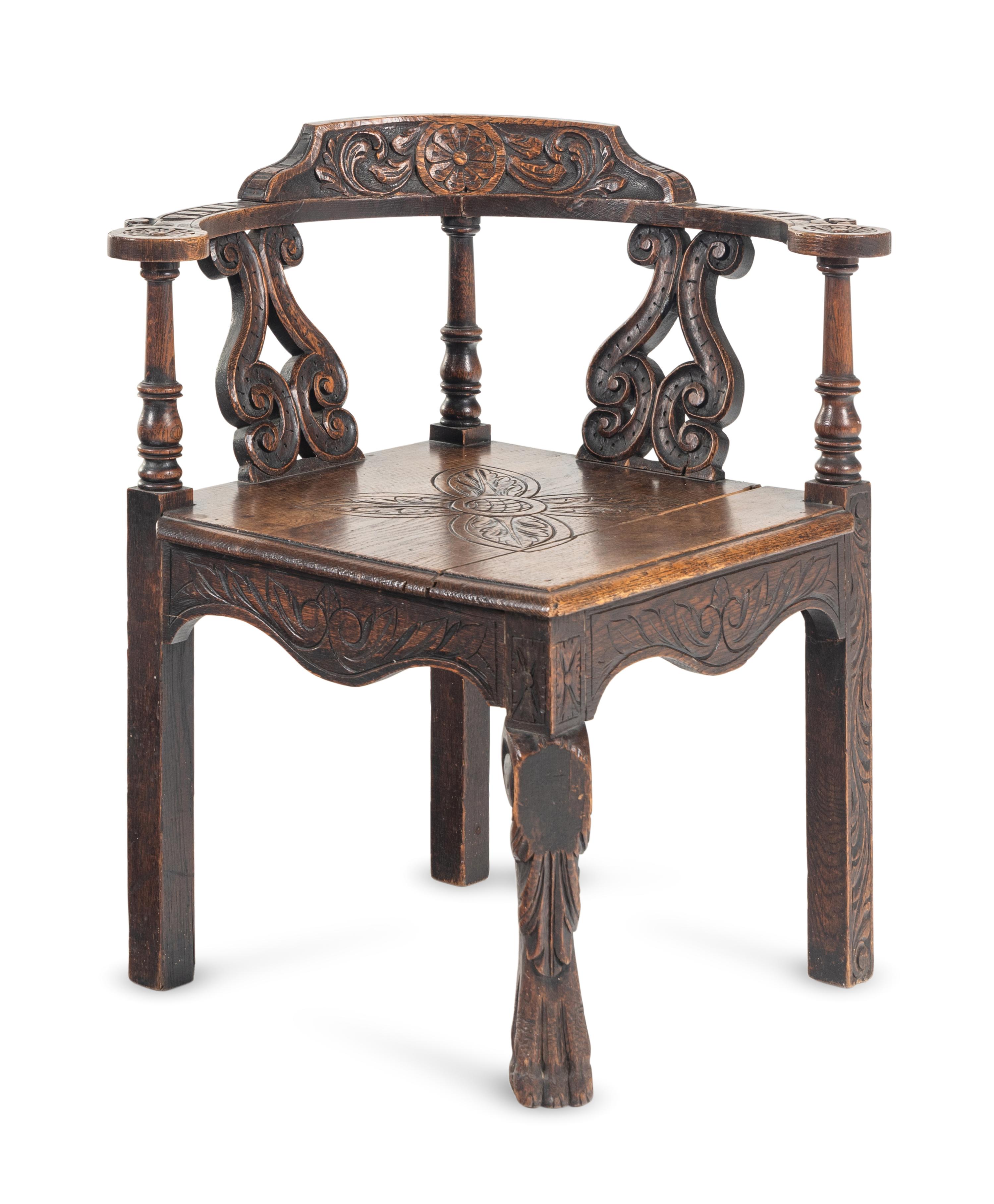 A William and Mary Carved Oak Corner Chair