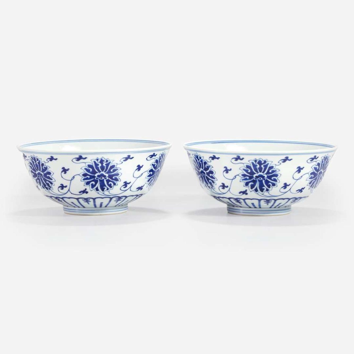 A pair of Chinese blue and white porcelain "Lotus" bowls Guangxu six-character marks