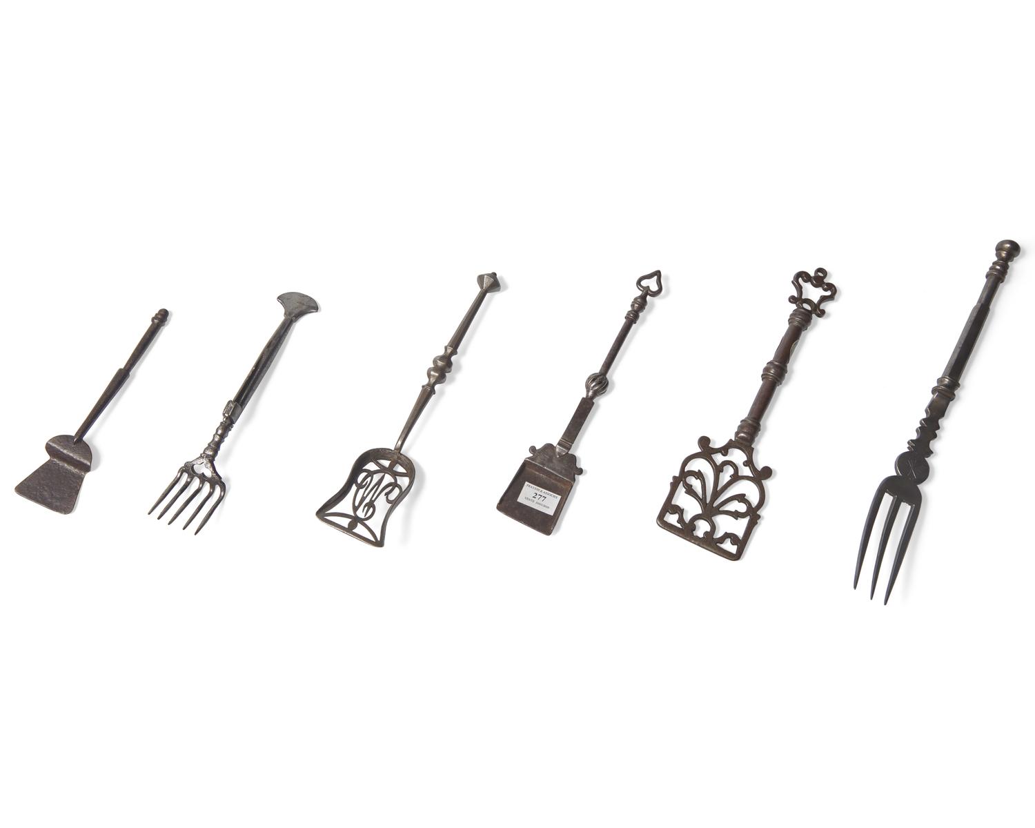 A Group of Six Fine Miniature Wrought Iron or Steel Peels and Forks, French, 18th Century