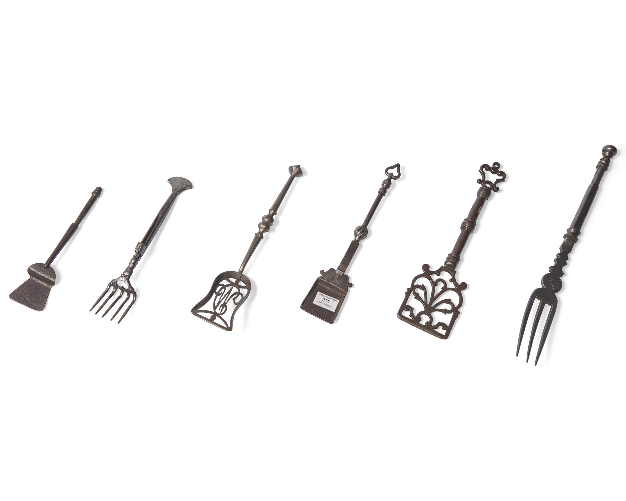 A Group of Six Fine Miniature Wrought Iron or Steel Peels and Forks, French, 18th Century
