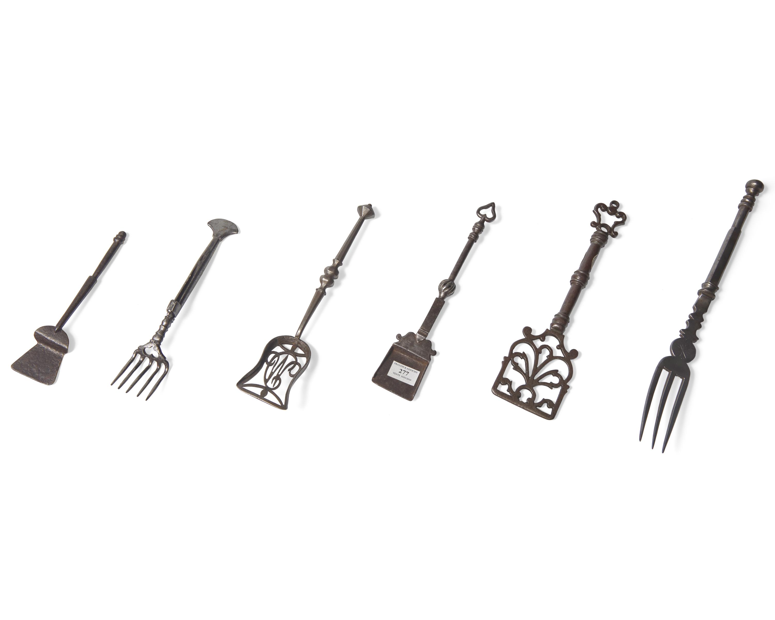 A Group of Six Fine Miniature Wrought Iron or Steel Peels and Forks, French, 18th Century