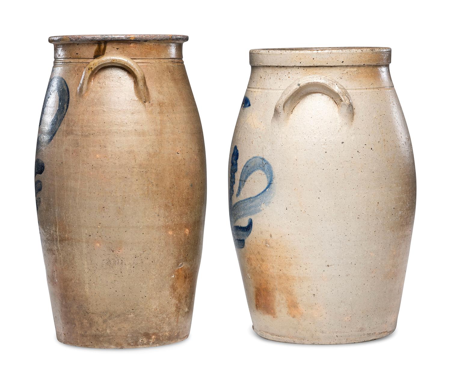 Two Four-Gallon Cobalt Decorated Stoneware Crocks