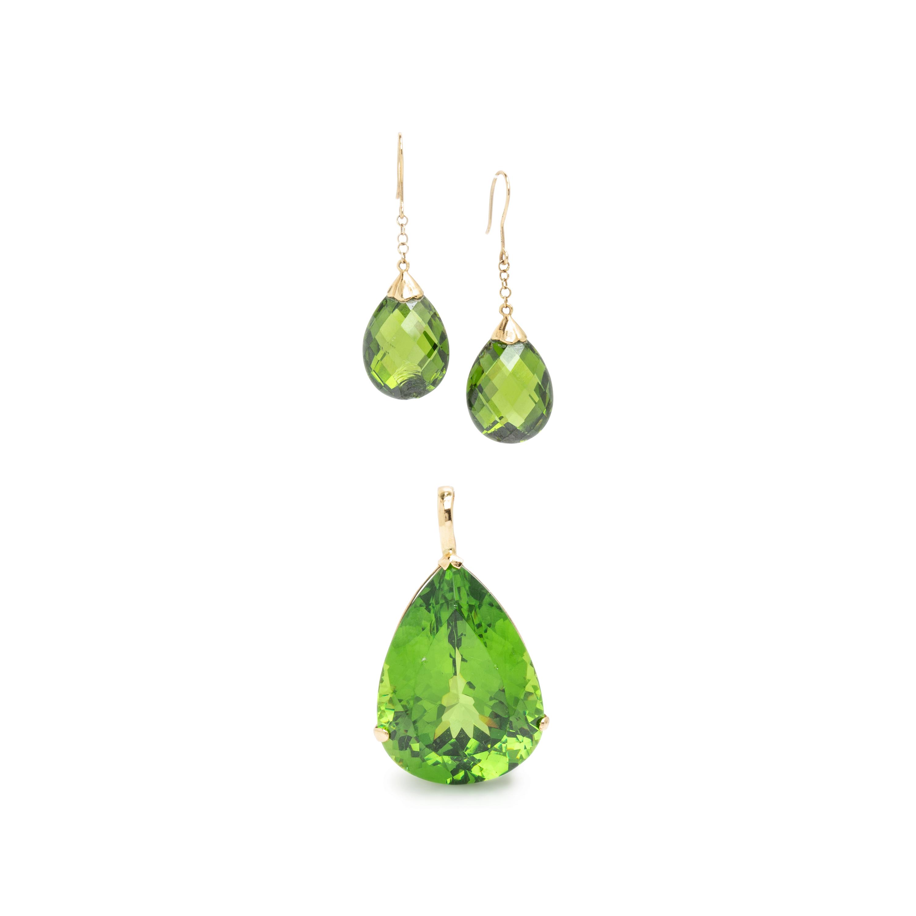Yellow Gold and Synthetic Green Stone Pendant and Earrings