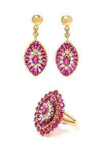An 18 Karat Yellow Gold, Ruby and Diamond Demi Parure, 8.20 dwts.