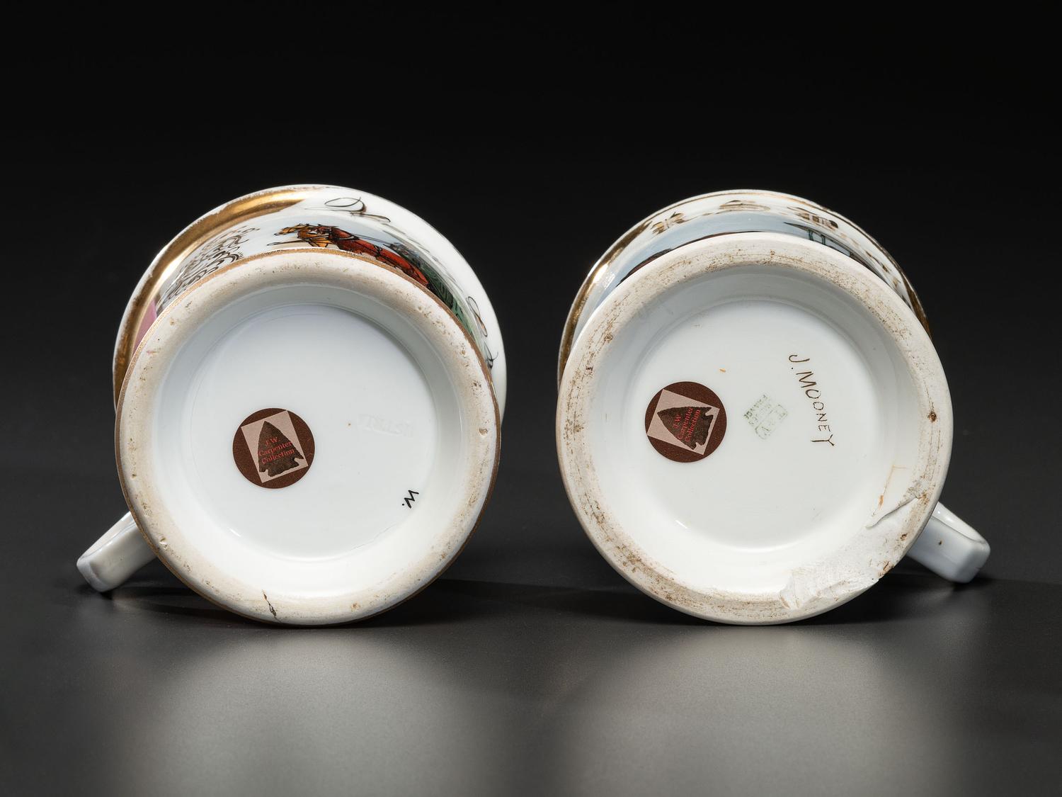 Two Porcelain Occupational Shaving Mugs with Horse-Drawn Wagons