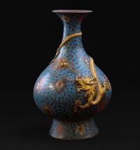 A large and impressive Chinese gilt-repoussé-embellished cloisonné vase 铜鎏金掐丝珐琅蟠龙瓶 The vase 17th/early 18th century, with later embellishment ???????????? ???