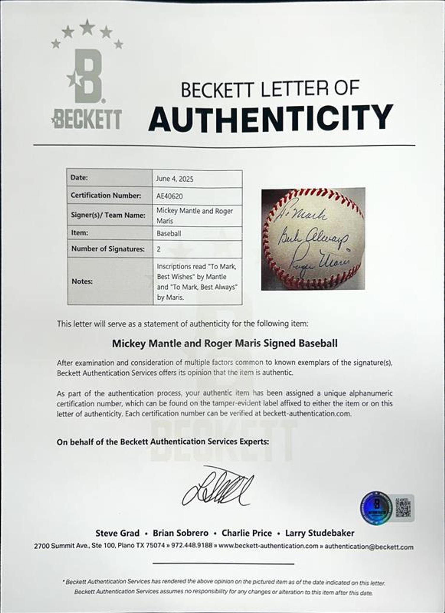 A Mickey Mantle and Roger Maris Dual Signed Autograph Baseball (Beckett Authentication Services)