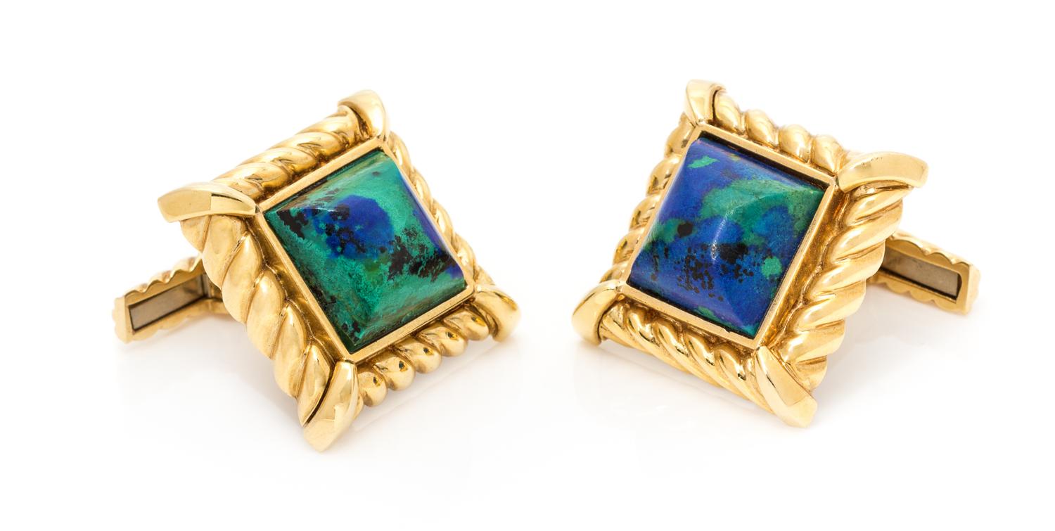 A Pair of 18 Karat Yellow Gold and Azurmalachite Cufflinks, David Webb, 17.80 dwts.