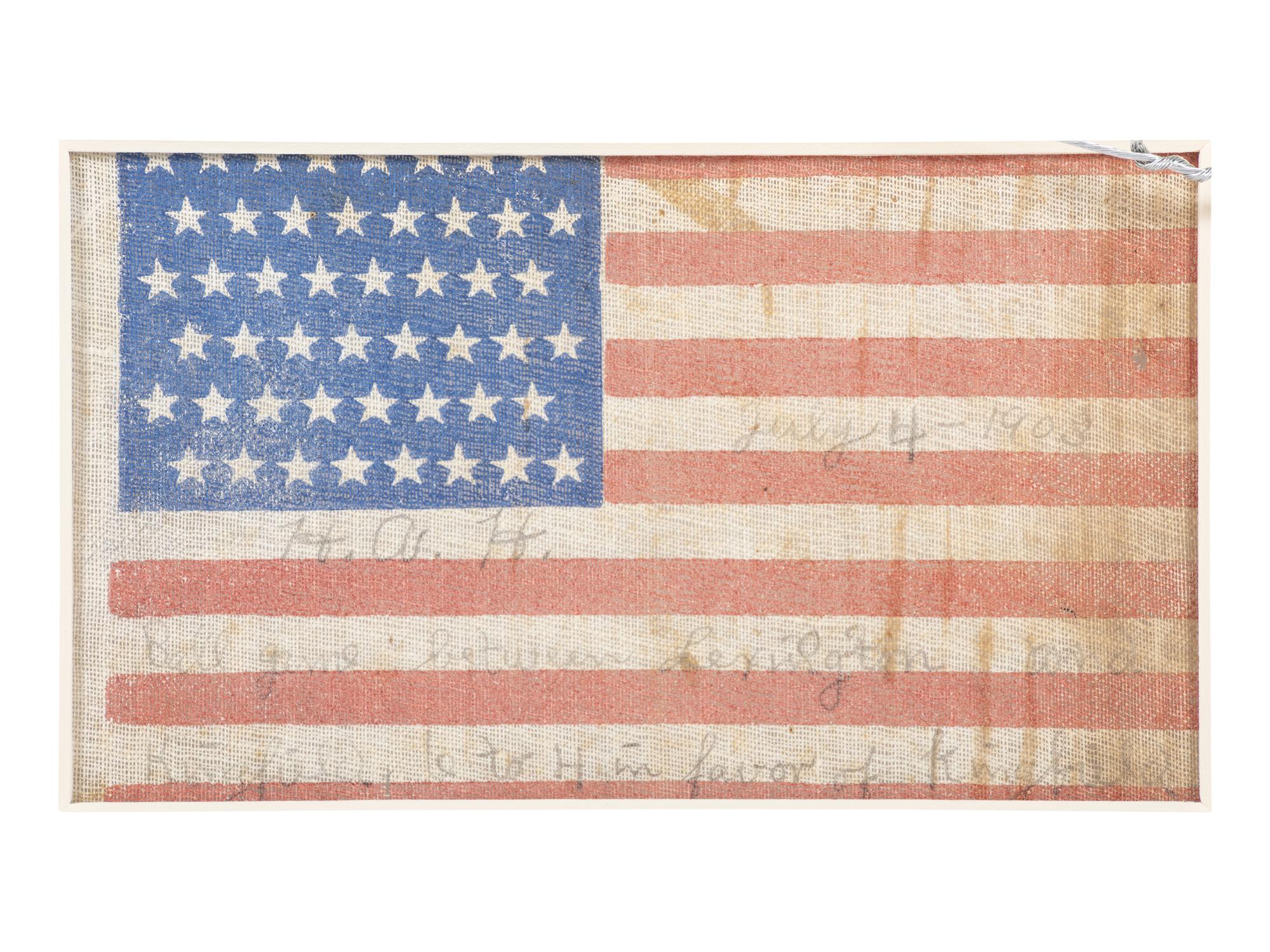 [FLAGS]. 48-Star baseball game flag with detailed inscription. Maine, Ca 1903.