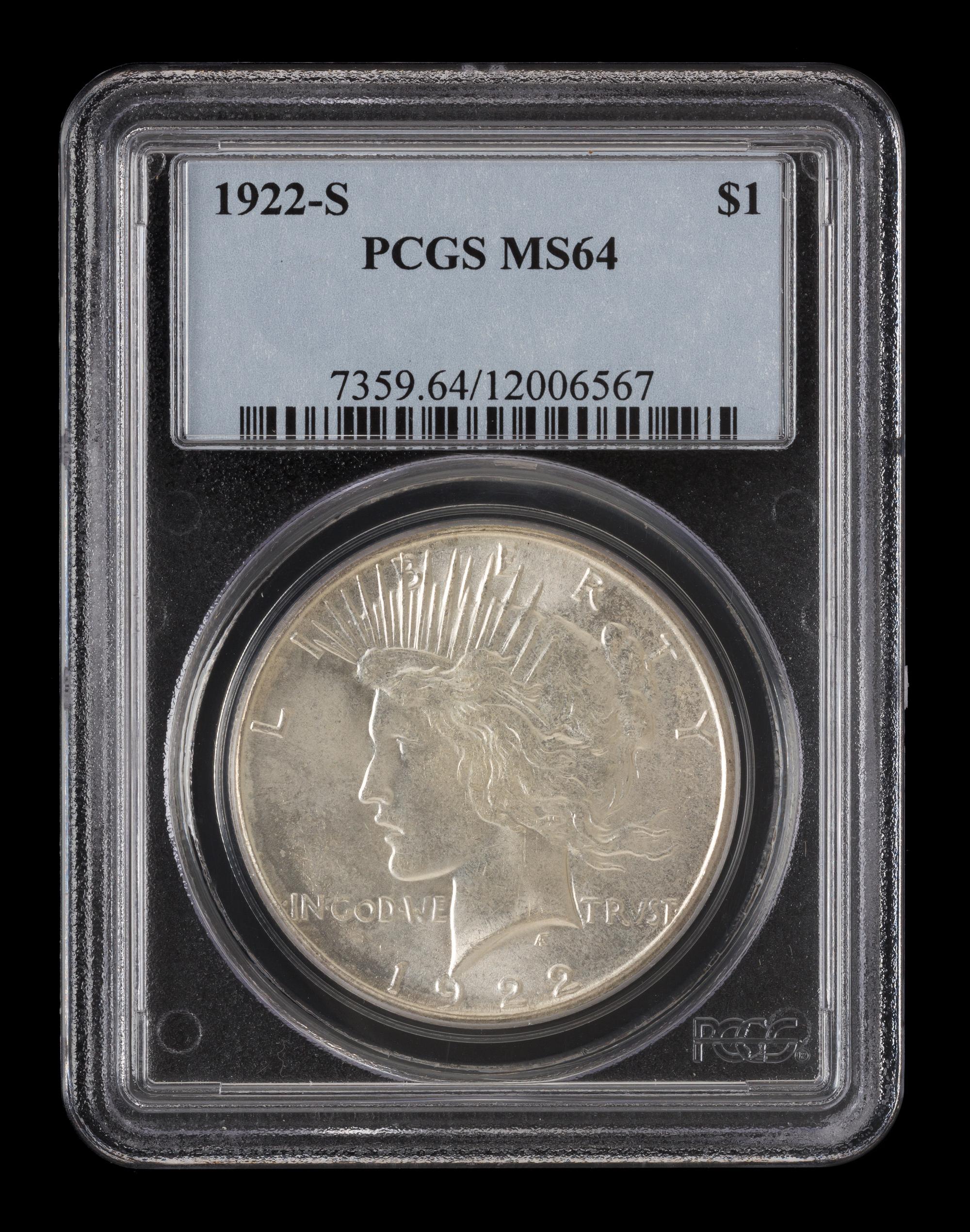 A United States 1922-S Peace Silver Dollar Coin