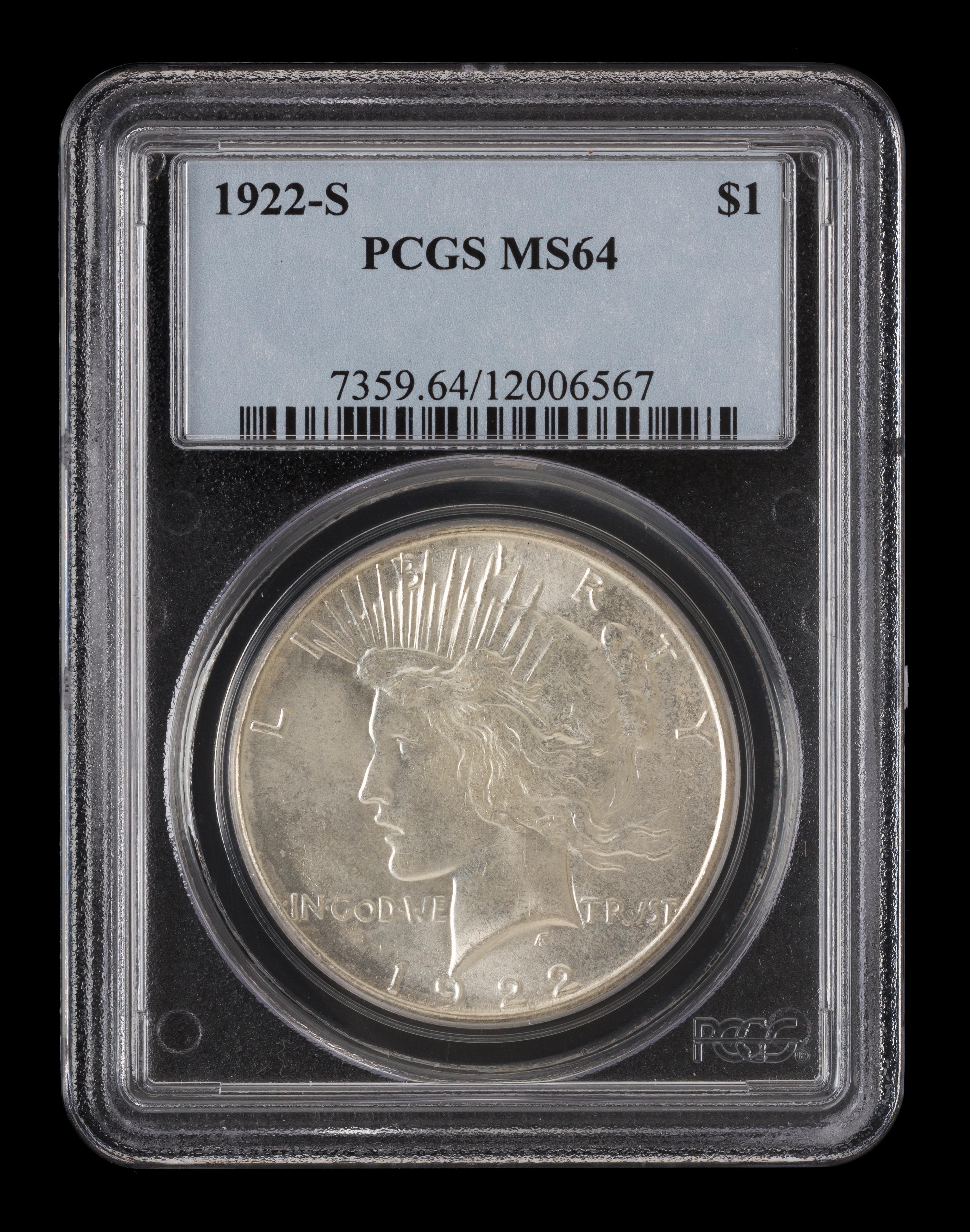 A United States 1922-S Peace Silver Dollar Coin