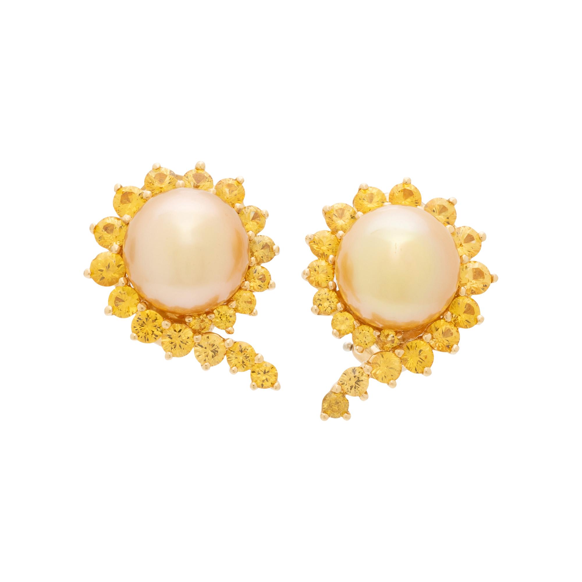 ANGELA CUMMINGS, CULTURED GOLDEN PEARL AND YELLOW SAPPHIRE EARCLIPS