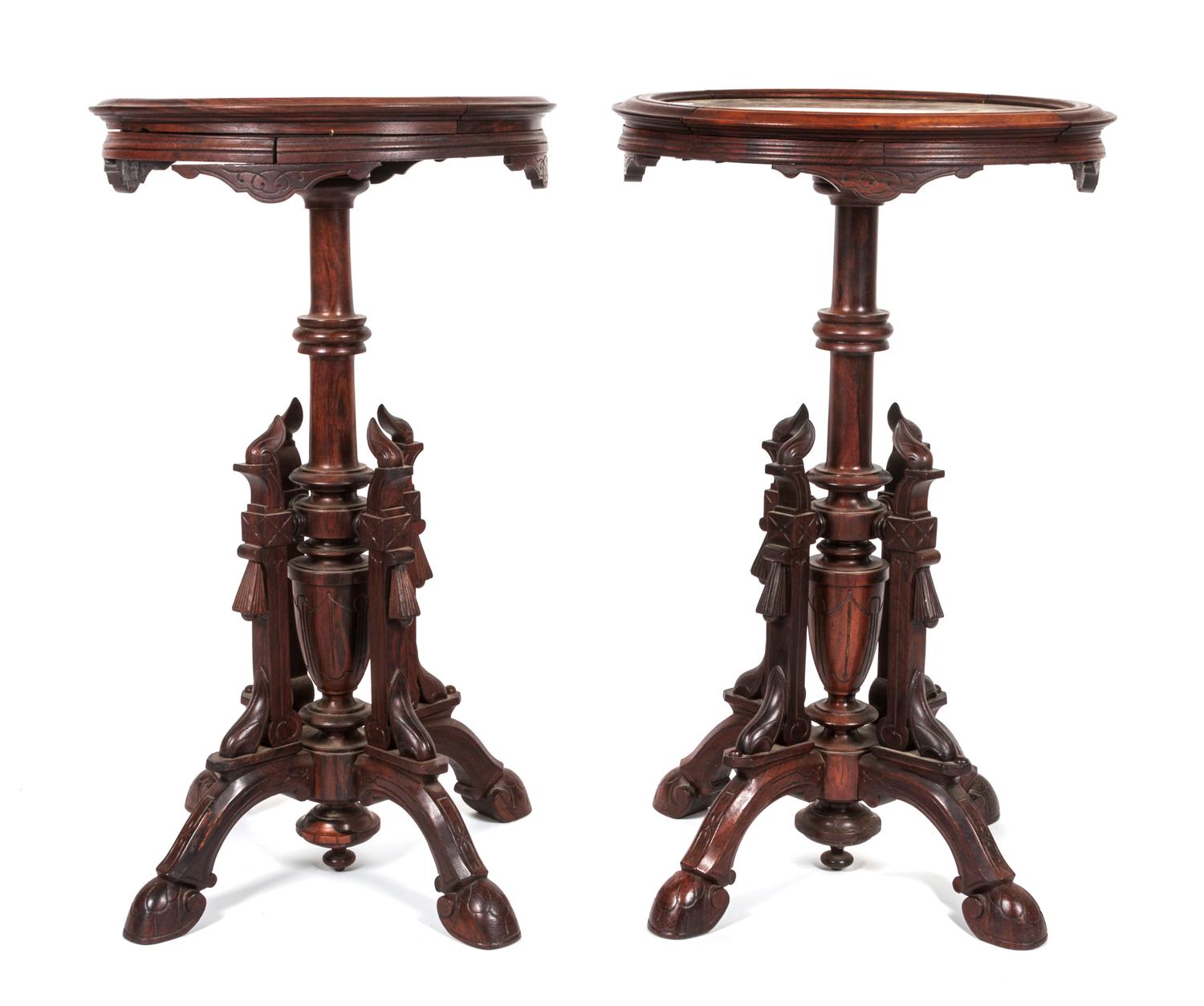 A Near Pair of Victorian Walnut Pedestal Tables Height of taller 29 x diameter 17 3/4 inches.