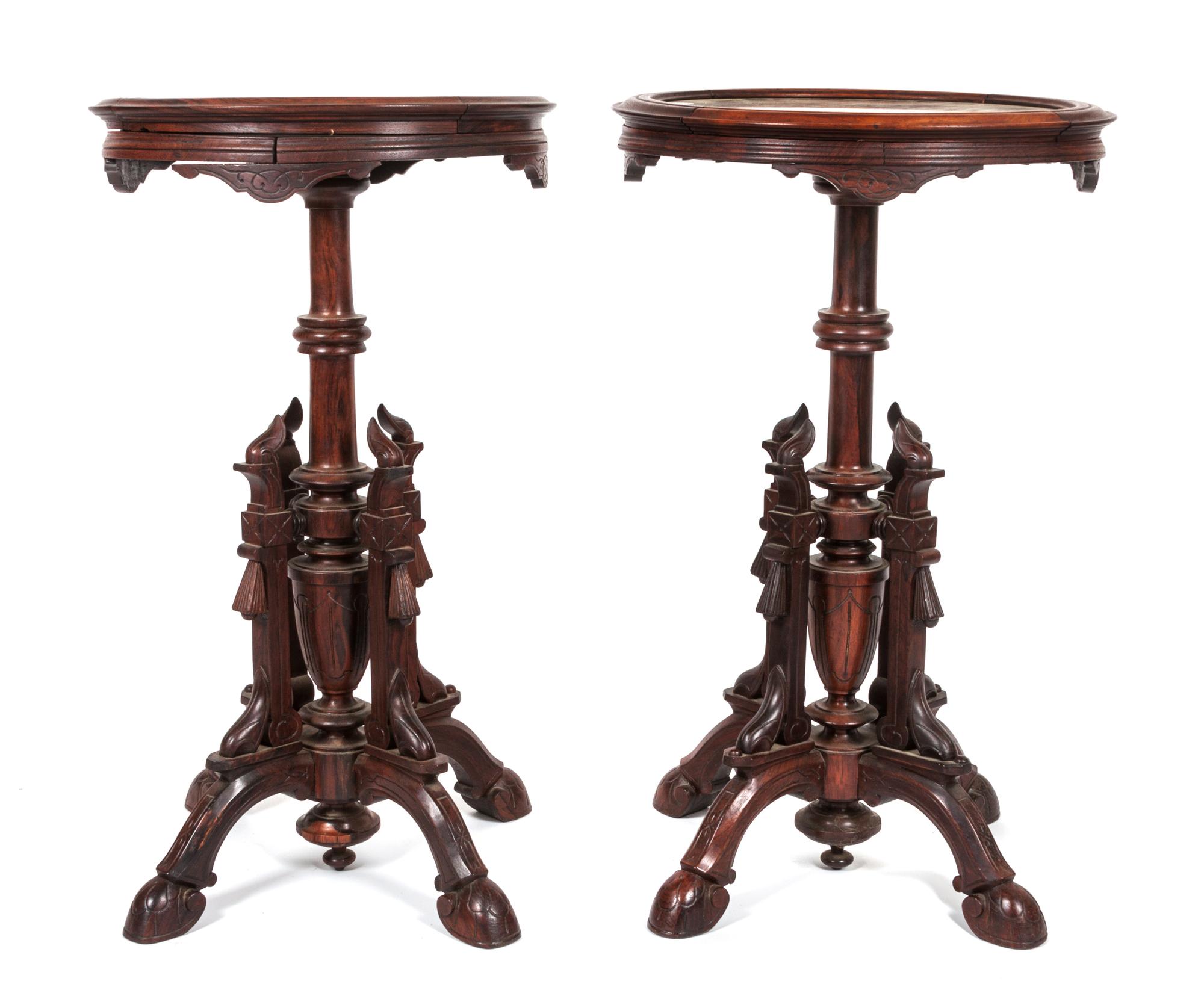 A Near Pair of Victorian Walnut Pedestal Tables Height of taller 29 x diameter 17 3/4 inches.