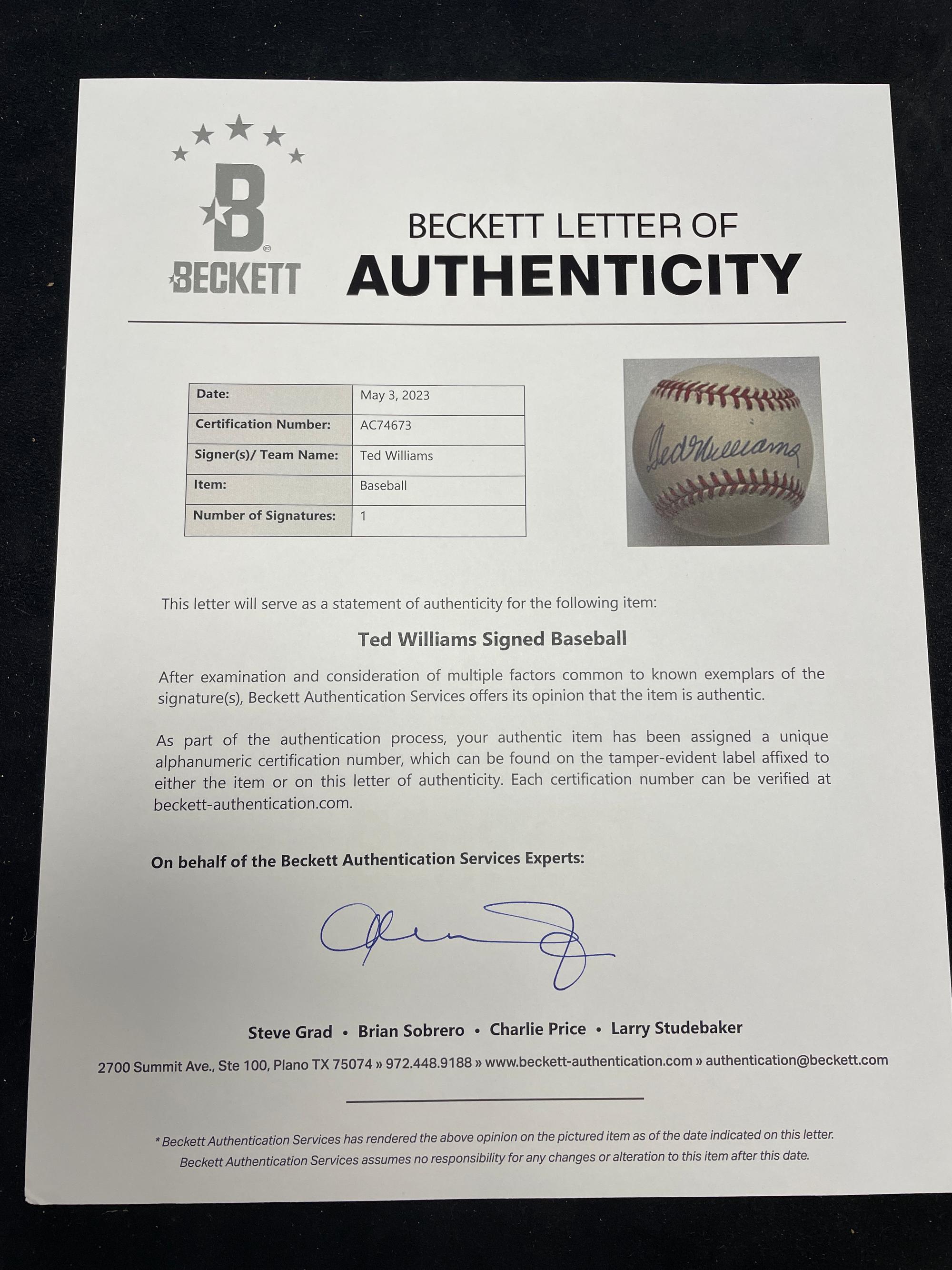 A Ted Williams Single Signed Autograph Baseball,