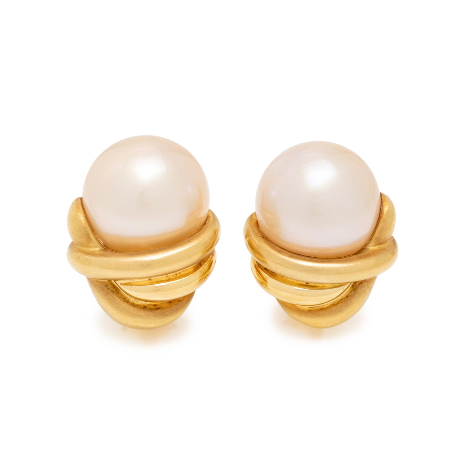 MARLENE STOWE, YELLOW GOLD AND CULTURED MABE PEARL EARCLIPS