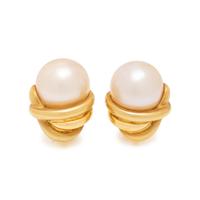 MARLENE STOWE, YELLOW GOLD AND CULTURED MABE PEARL EARCLIPS