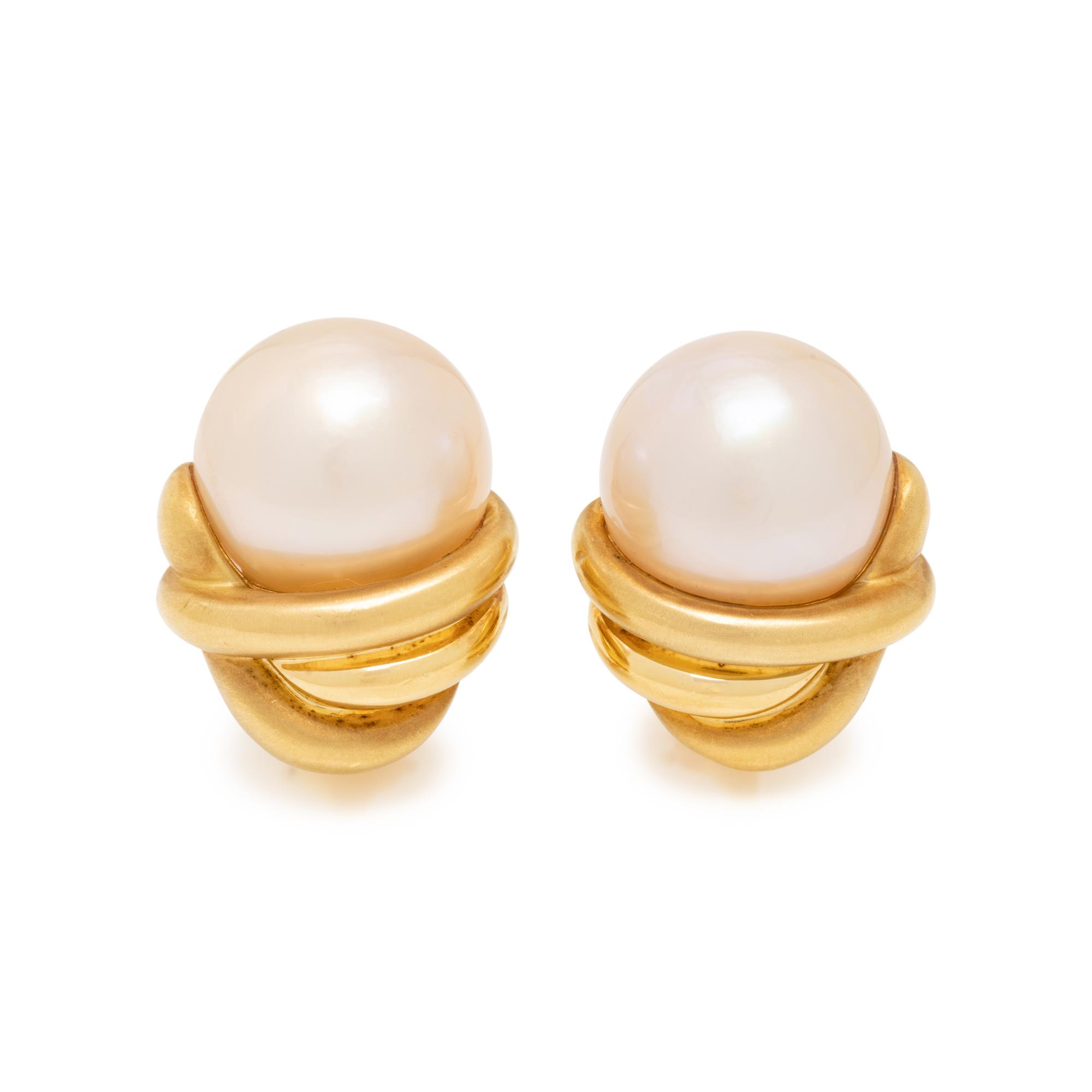 MARLENE STOWE, YELLOW GOLD AND CULTURED MABE PEARL EARCLIPS