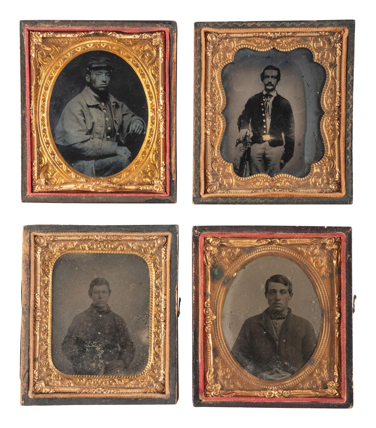 [CIVIL WAR]. A group of 4 cased sixth plate images of Union soldiers highlighted by a ruby ambrotype of a soldier wearing a great coat.