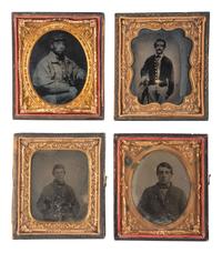 [CIVIL WAR]. A group of 4 cased sixth plate images of Union soldiers highlighted by a ruby ambrotype of a soldier wearing a great coat.