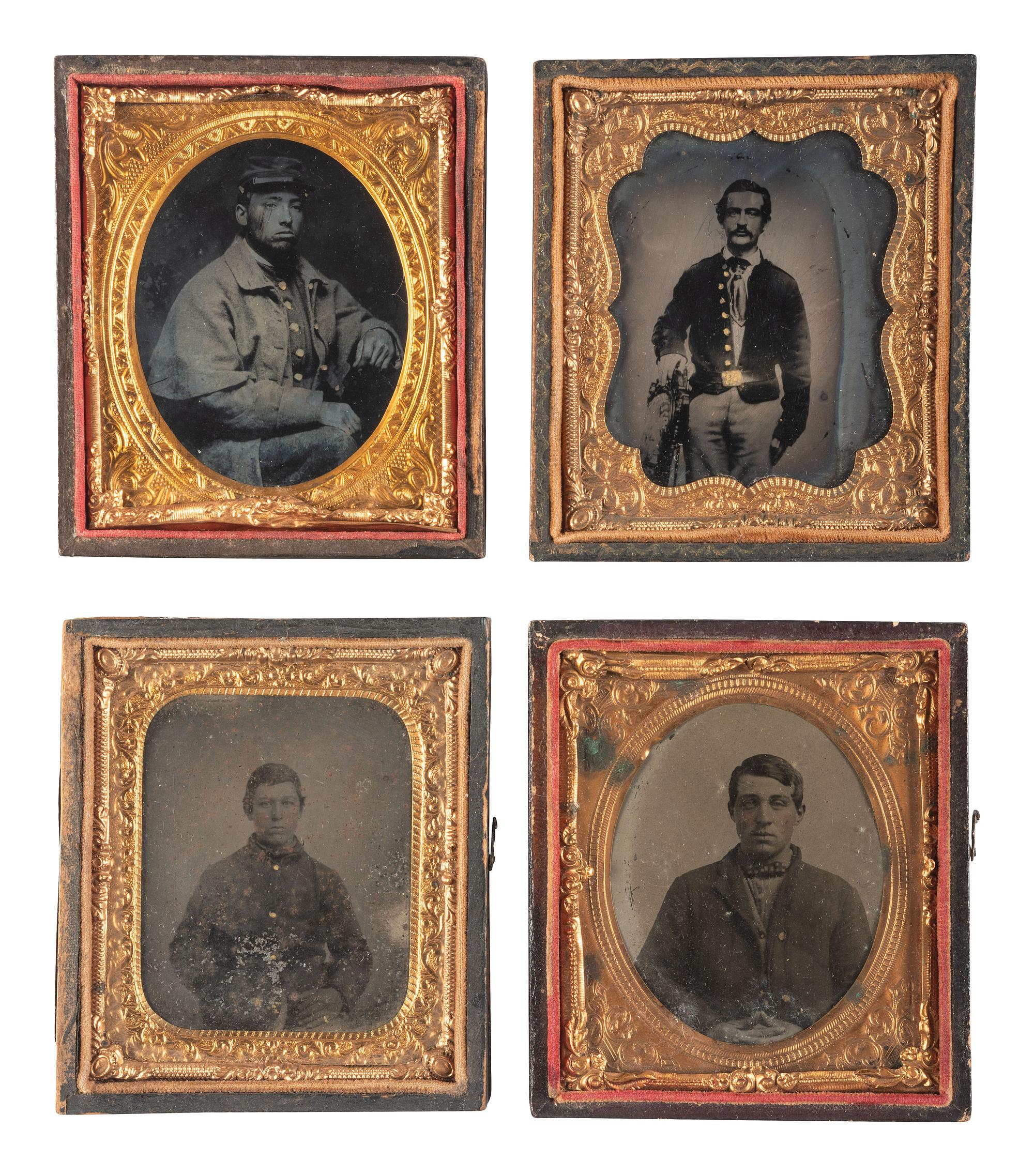 [CIVIL WAR]. A group of 4 cased sixth plate images of Union soldiers highlighted by a ruby ambrotype of a soldier wearing a great coat.