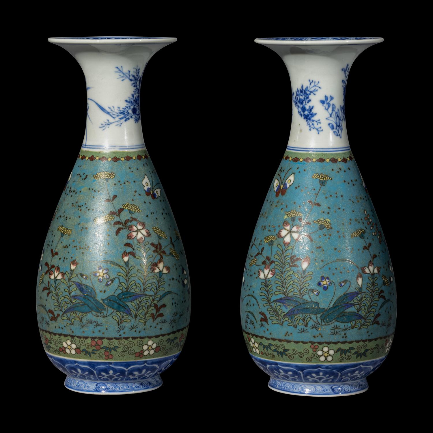A Pair of Japanese Blue and White and Cloisonné Enamel Porcelain Vases