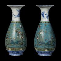 A Pair of Japanese Blue and White and Cloisonné Enamel Porcelain Vases