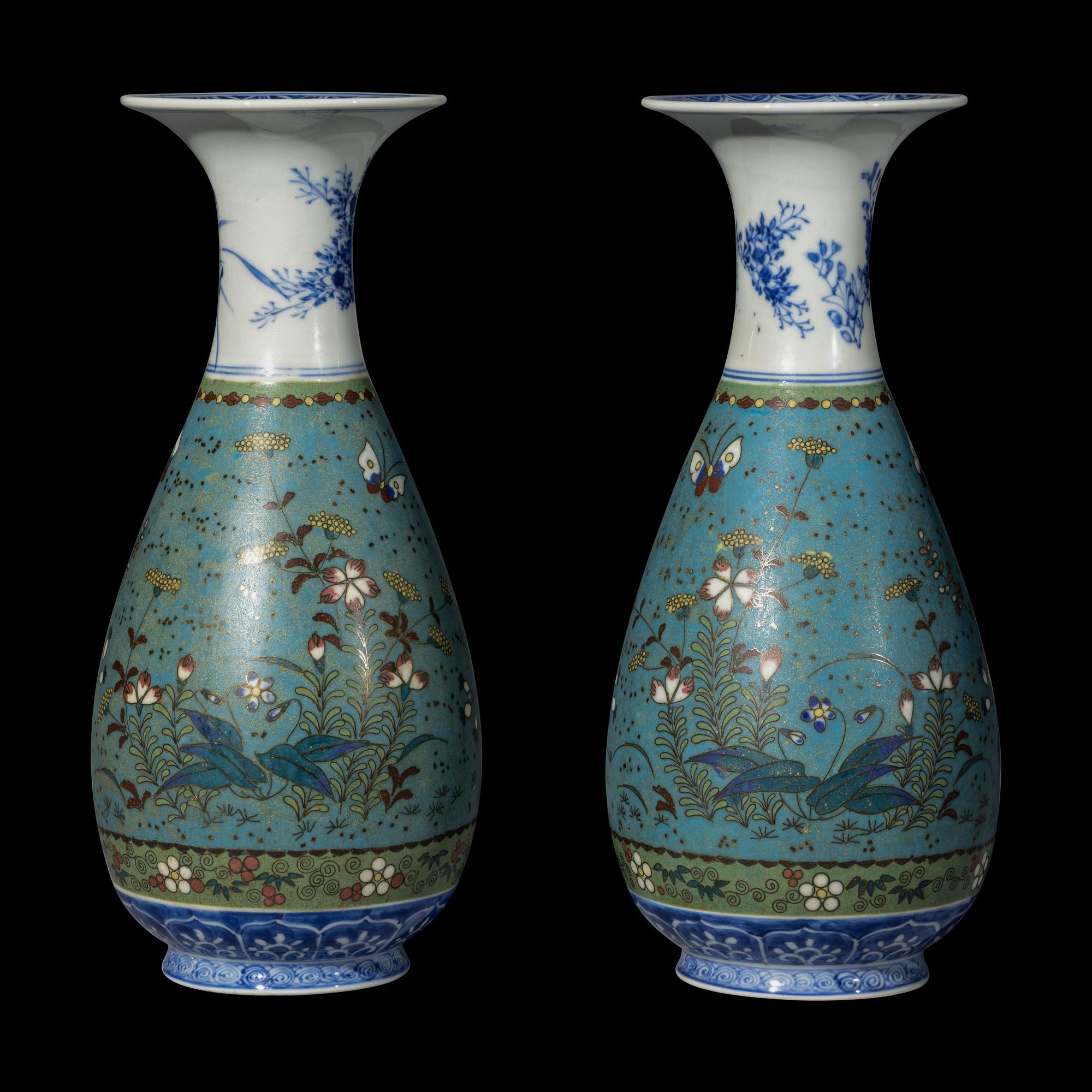 A Pair of Japanese Blue and White and Cloisonné Enamel Porcelain Vases
