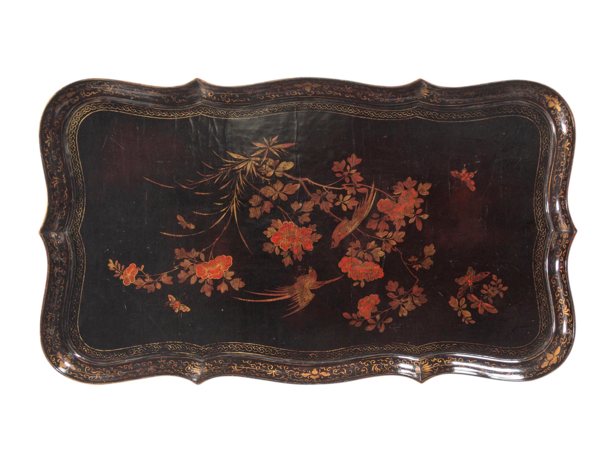 A Chinese Export Lacquer Tray on a Later Stand