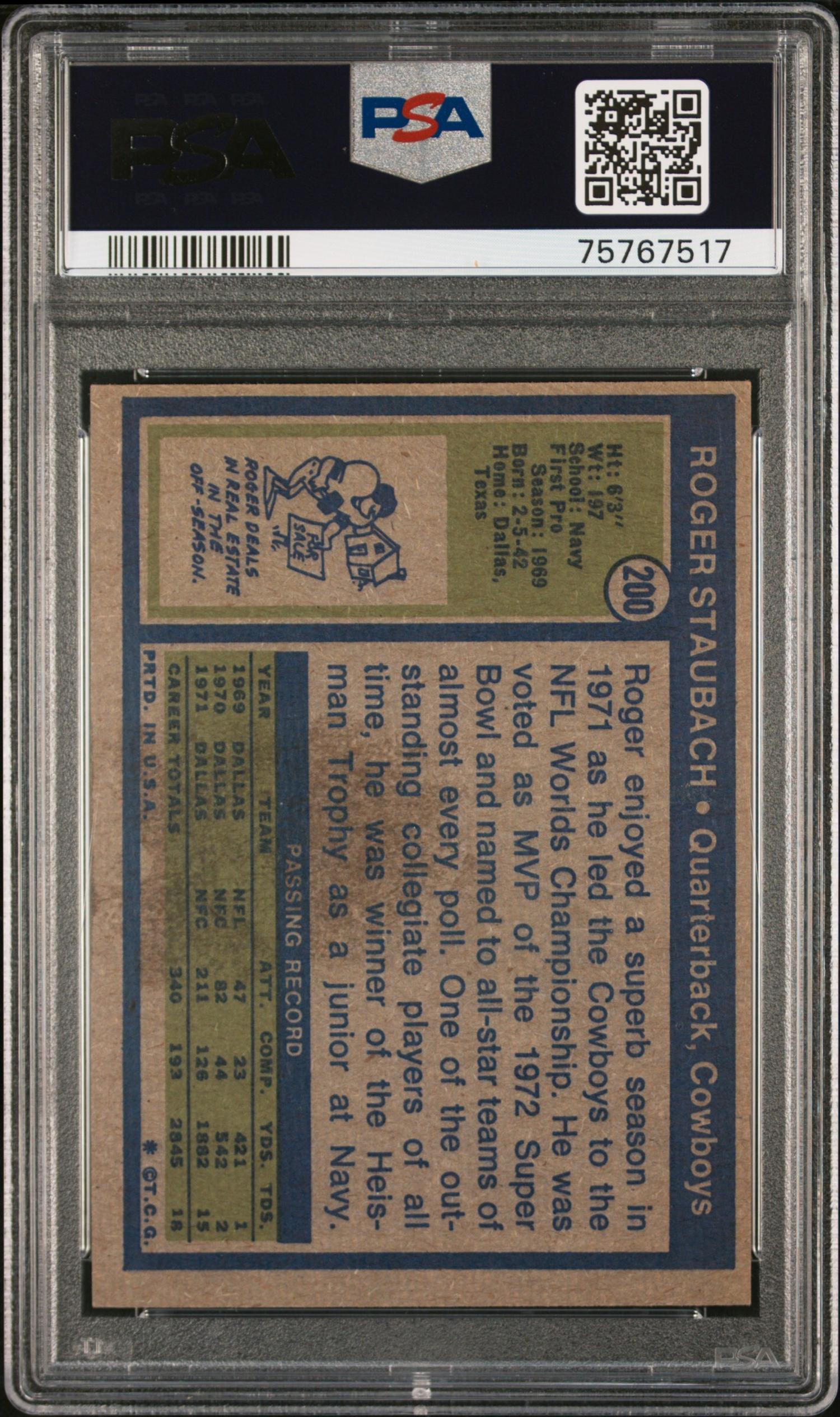 A 1972 Topps Roger Staubach Rookie Football Card No. 200 (PSA 5 EX)