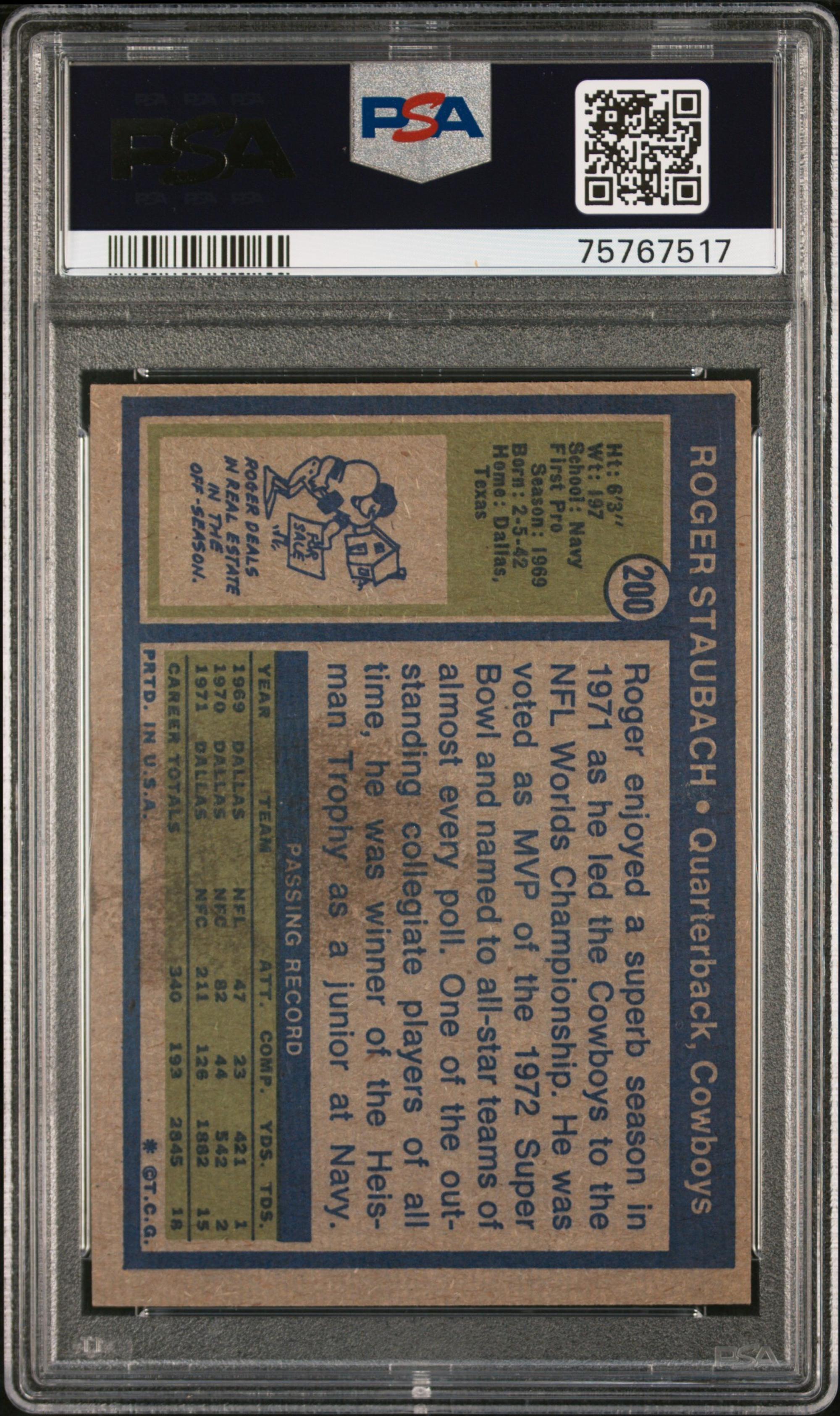 A 1972 Topps Roger Staubach Rookie Football Card No. 200 (PSA 5 EX)