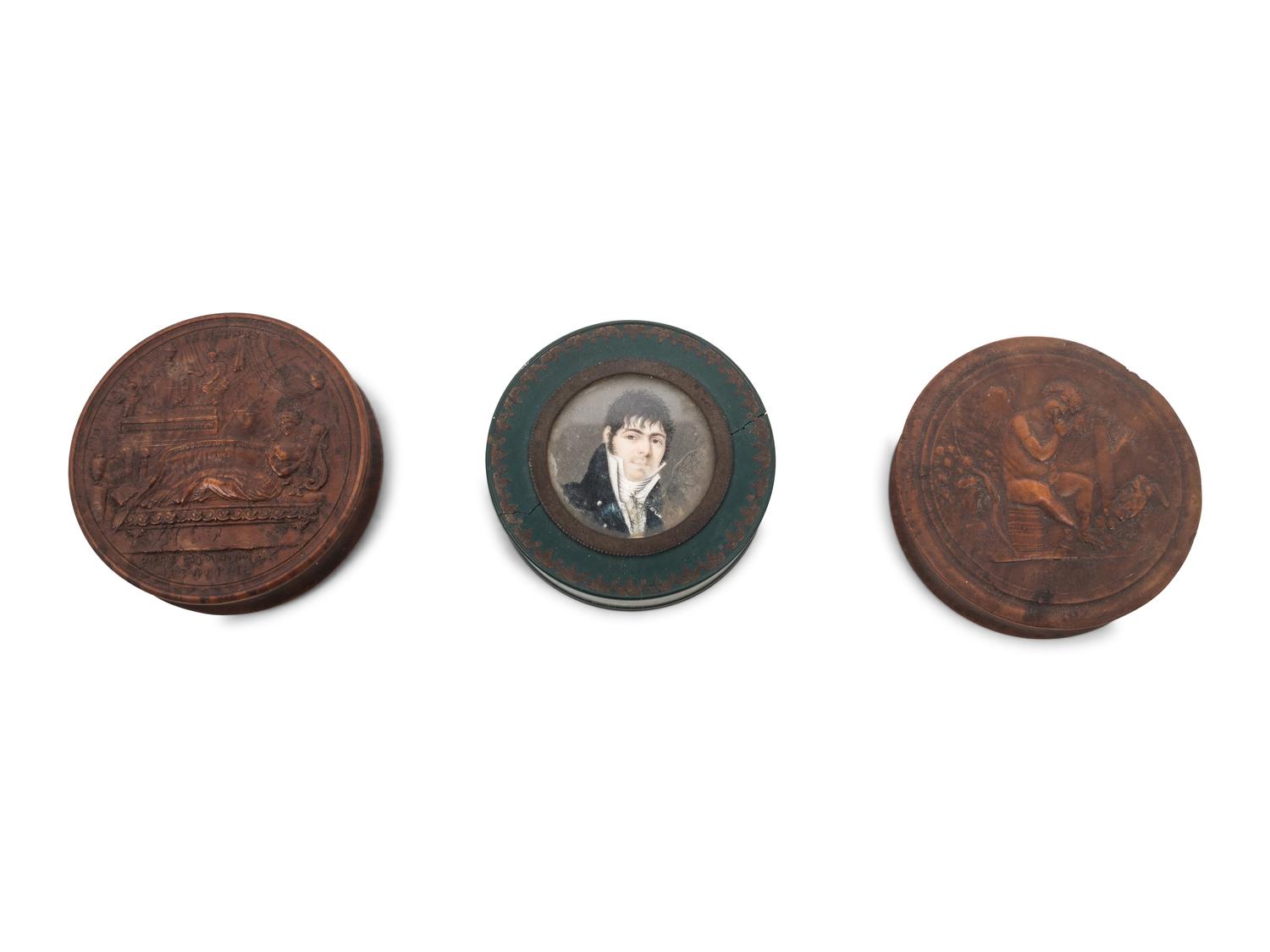 Two Carved Patch Boxes and a Portrait Medallion-Inset Patch Box