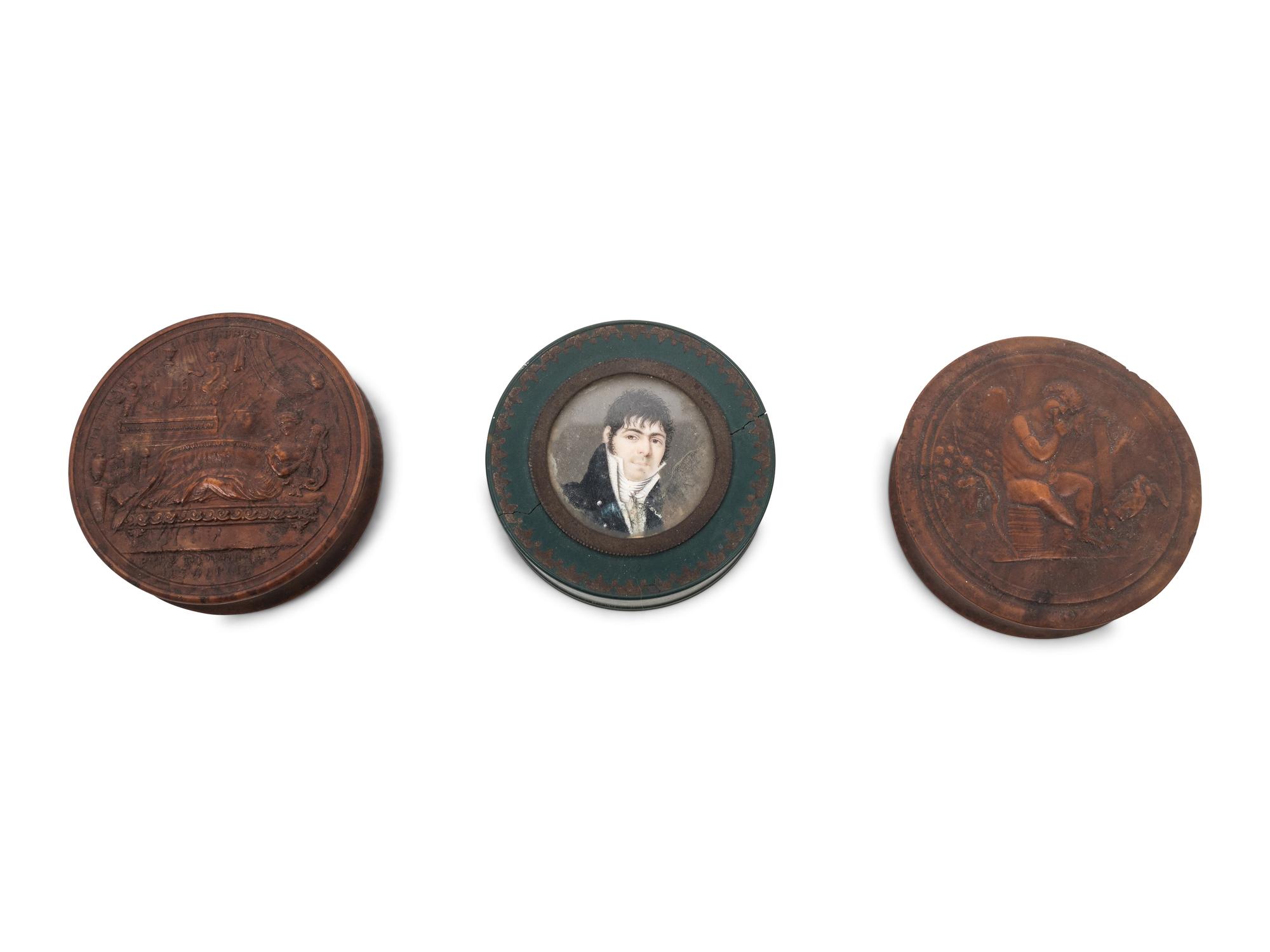 Two Carved Patch Boxes and a Portrait Medallion-Inset Patch Box