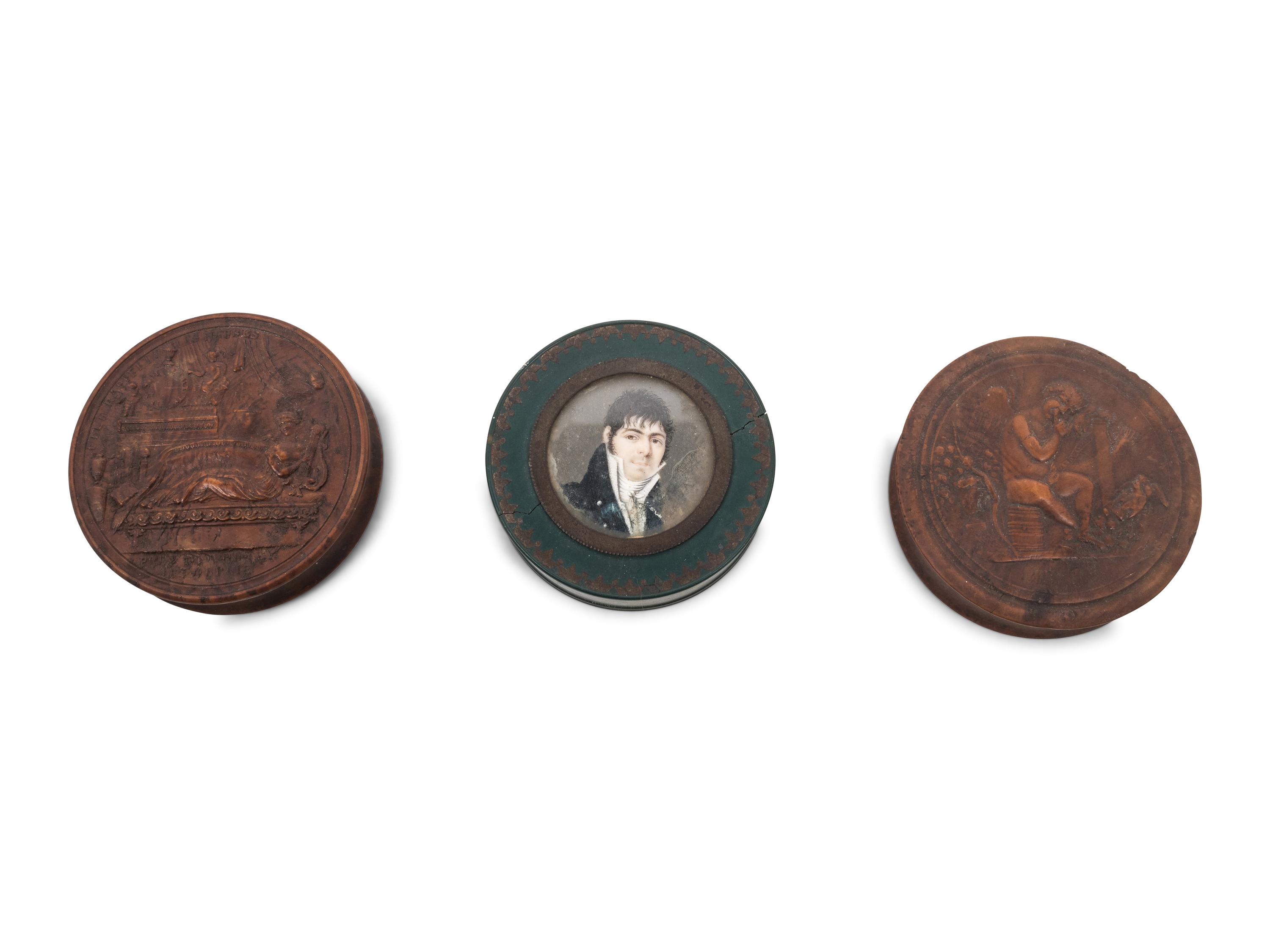 Two Carved Patch Boxes and a Portrait Medallion-Inset Patch Box