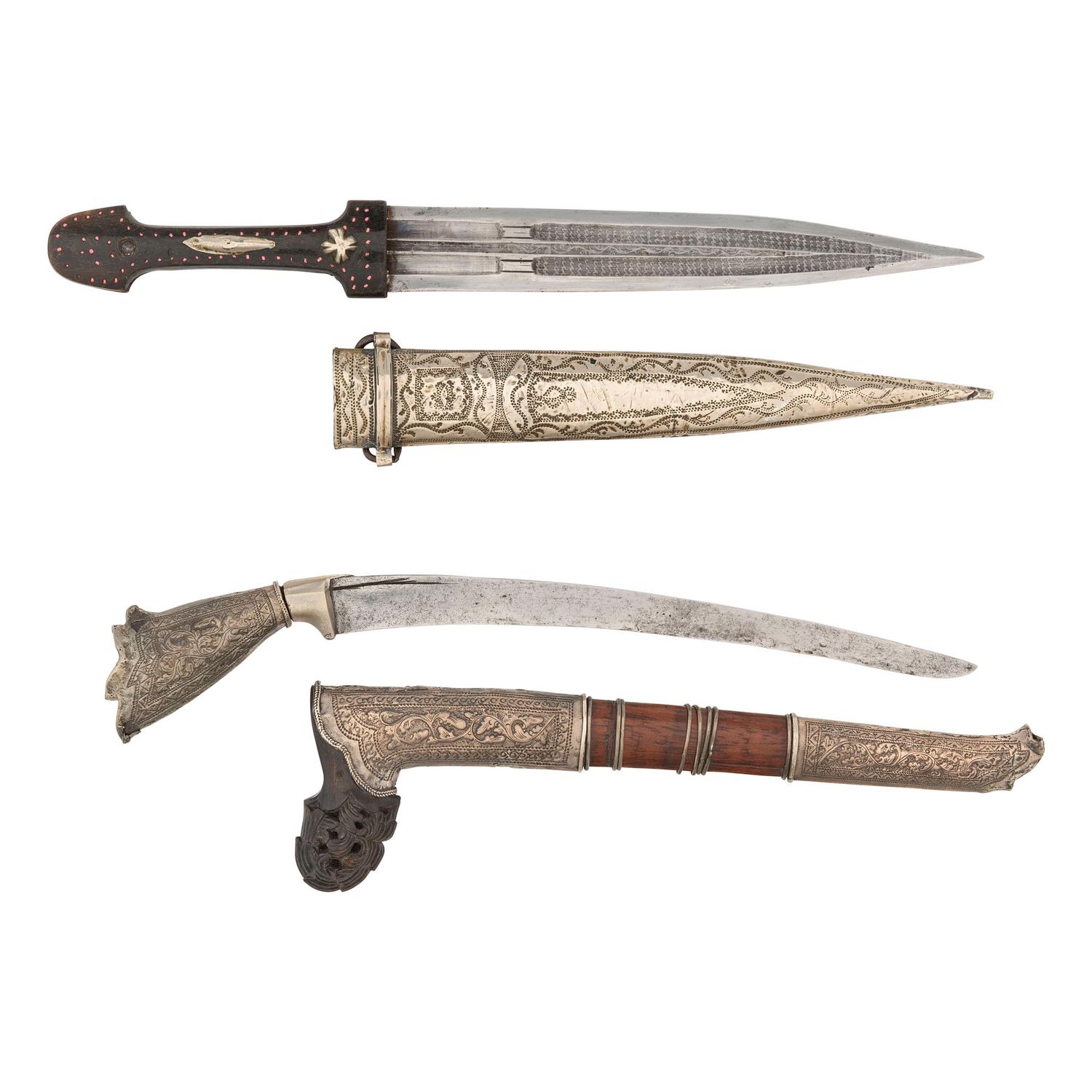 Lot of Silver Mounted Daggers Including: Caucasian Kindjal and Malayan Bade Bade