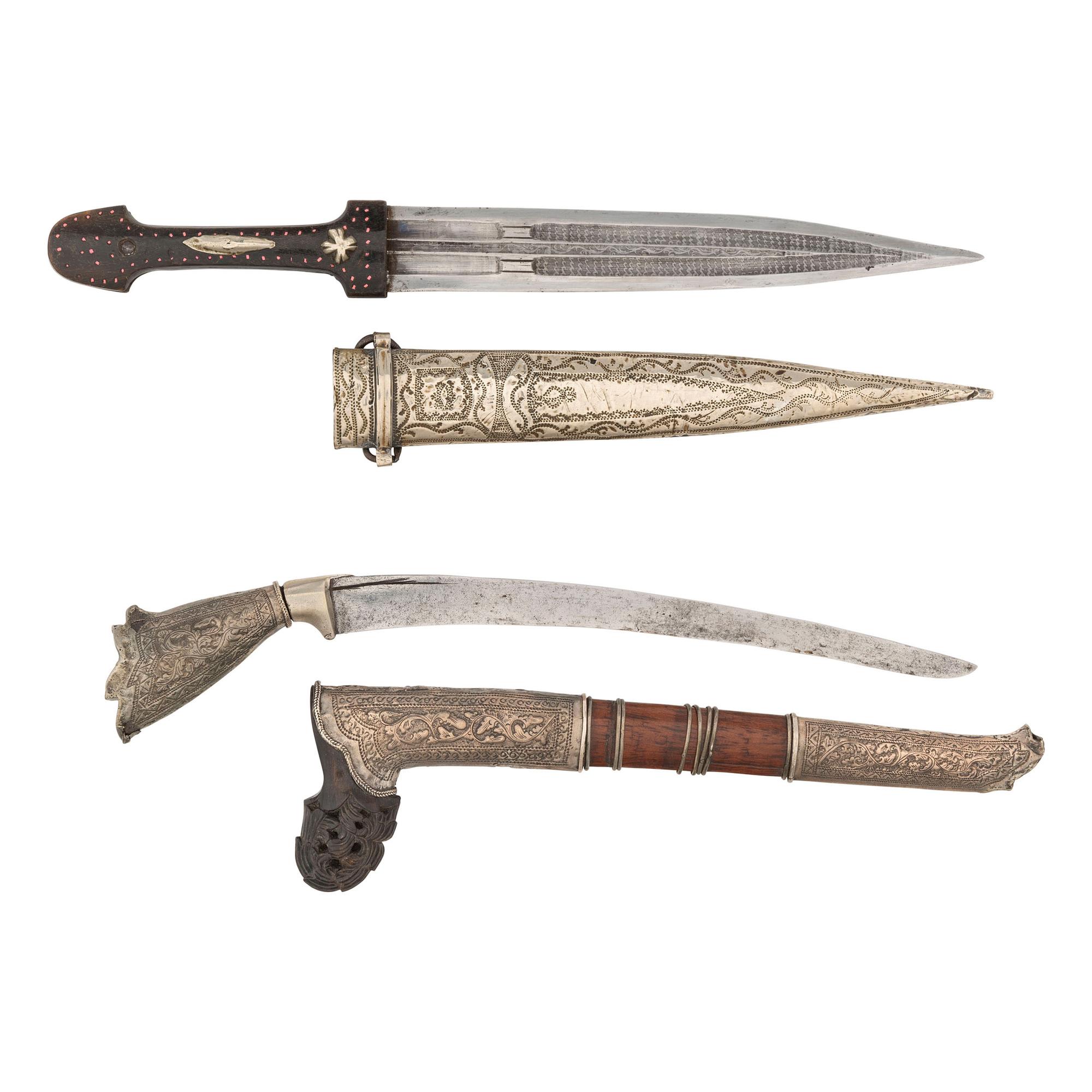 Lot of Silver Mounted Daggers Including: Caucasian Kindjal and Malayan Bade Bade