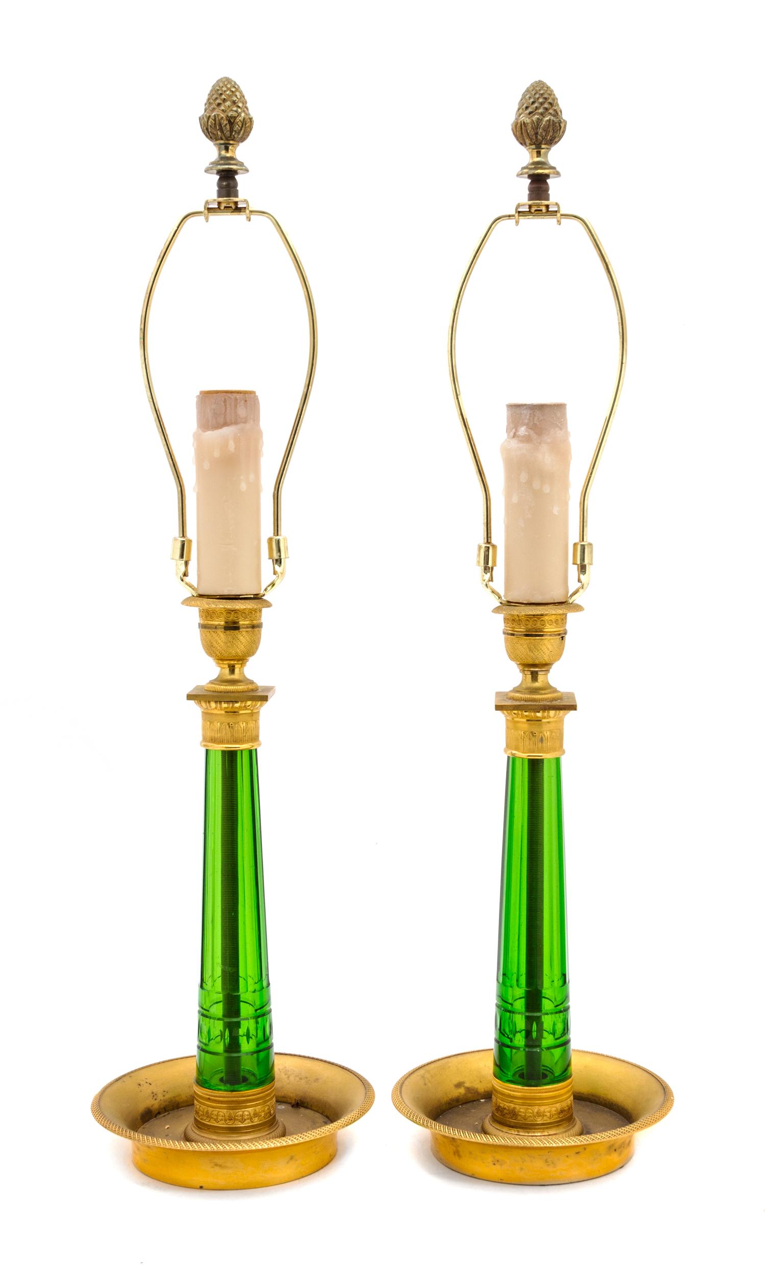 A Pair of French Empire Style Gilt Bronze Mounted Glass Candlesticks Height overall 22 1/2 inches. — 19TH CENTURY