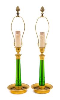 A Pair of French Empire Style Gilt Bronze Mounted Glass Candlesticks Height overall 22 1/2 inches. — 19TH CENTURY