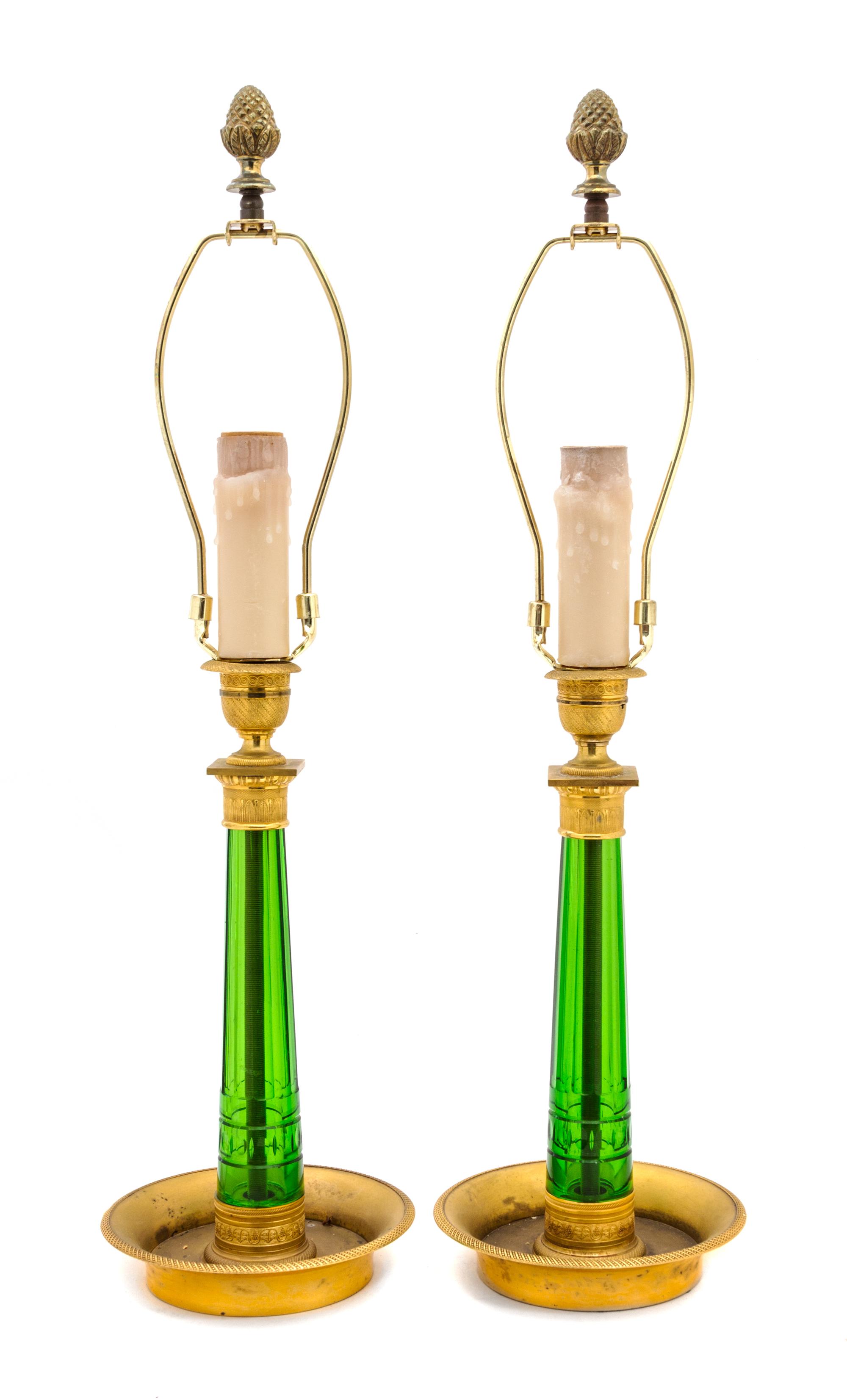 A Pair of French Empire Style Gilt Bronze Mounted Glass Candlesticks Height overall 22 1/2 inches. — 19TH CENTURY