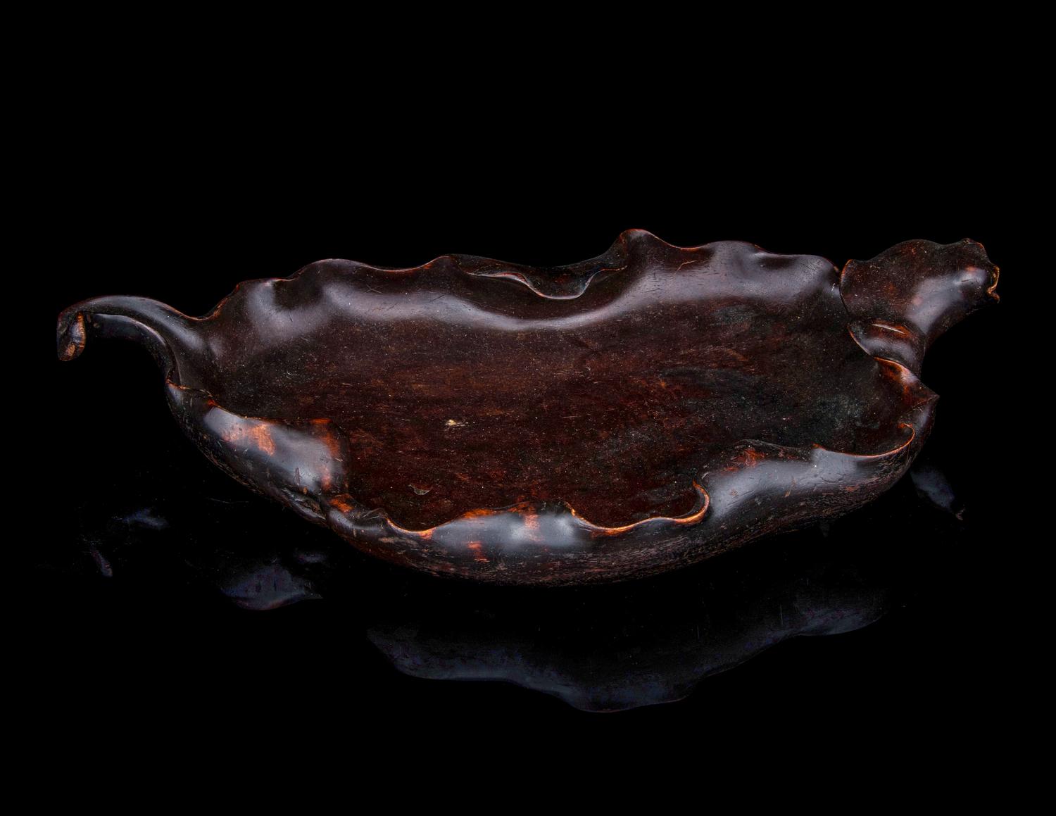 A Large Carved Rosewood Leaf-Form Tray