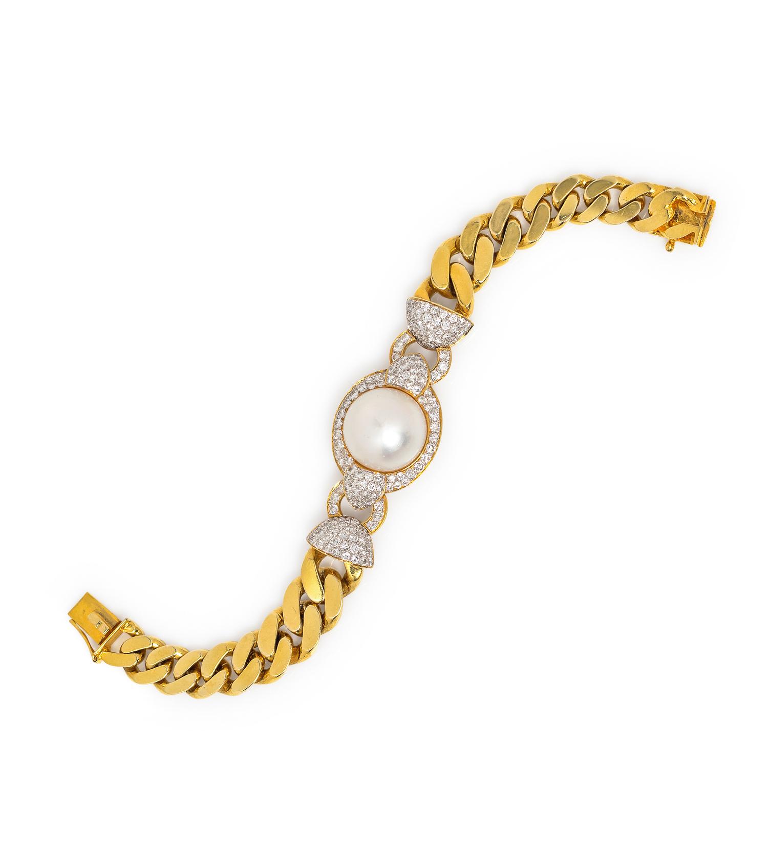 An 18 Karat Yellow Gold, Cultured Pearl and Diamond Bracelet,